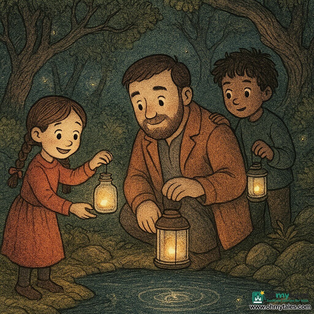 A gentle, reassuring man (Thomas) with a round face, short beard and sparkling eyes kneels at the edge of a small dark pool wearing a dawn-colored coat and holding a delicate glass lantern that casts warm orange light; to his left stands a smiling girl of about eight with two braids offering a red ribbon and a small vial of light toward the water, and just behind him a curious nine-year-old boy with tousled hair holds a smaller lantern and peers at the pool's reflection; at the edge of Whispering Wood—twisted trunks, golden and deep-green leaves, thick moss, wet stones and yellow fireflies—the lanterns and vials placed on the water create a strong contrast between warm lantern light and the pool’s cold blue, revealing beneath the surface a thin gray membrane dissolving into silver filaments; centered composition, grainy newspaper-print texture, fairy-tale comforting mood.