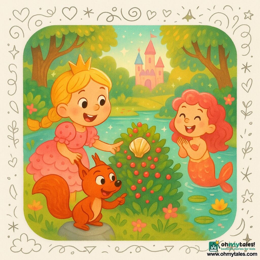 A joyful young princess with braided blonde hair in a pink ruffled dress reaches for a glowing seashell while smiling, Sammy the red squirrel with mischievous eyes points from a nearby rock toward a berry-covered bush where friends are retrieving the stuck shell, and Mia the mermaid with a sparkling coral tail and pink curly hair sits in the clear pond clapping; the scene is a vibrant, cheerful moment at a mirrorlike pond in an enchanted forest with lily pads, colorful flowers, luminous trees and a pastel turreted castle in the background, with exaggerated expressions and friendly gestures.
