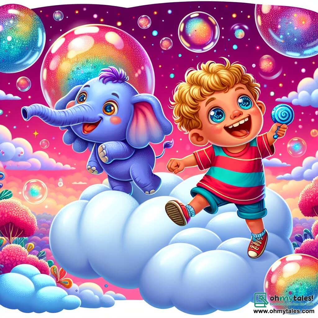 A 2-year-old boy with messy blonde hair and sparkling blue eyes is joyfully jumping on a marshmallow-shaped cloud. He wears a red striped t-shirt and blue shorts, laughing while holding a large shiny blue button in his hand. Next to him, a tall, smiling purple elephant with a colorful hat dances, swinging its trunk. The elephant has gentle eyes and large ears that flutter in the wind. The setting is a fantastical world with a bright pink sky, fluffy clouds, and sparkling bubbles floating around them. In the distance, a bubble-shaped tree shines in the sun, with colorful bubbles swaying gently. The main scene shows the boy and the elephant searching for a lost trumpet, surrounded by popping bubbles, creating a joyful and playful atmosphere.