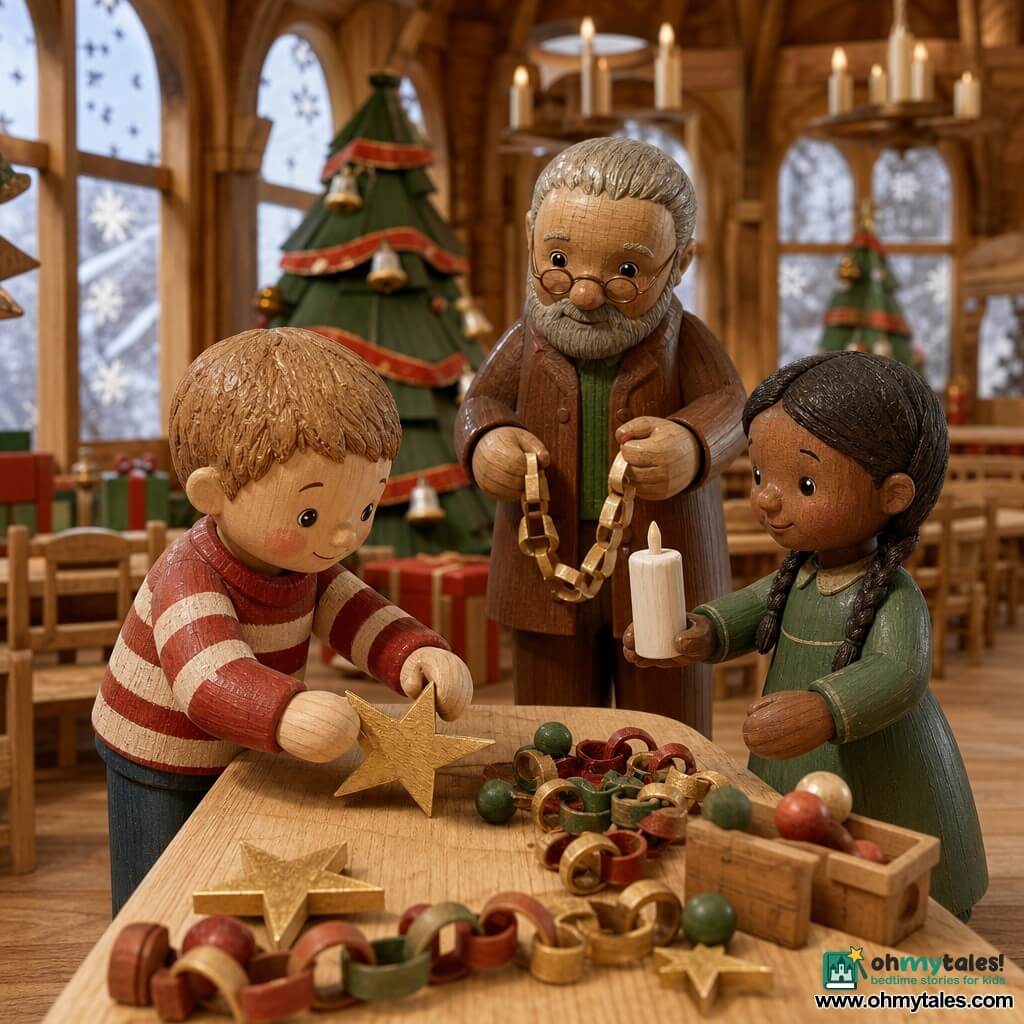 A smiling, focused 4-year-old boy, Tom, with short light brown hair and rosy round cheeks, wearing a red sweater with white stripes, places a small gold paper star on a wooden table; to his right Anna, about 5, with brown hair in a braid and a green dress, smiles and offers a white wax candle; behind them Mr. Finch, about 70, with a short gray beard, round glasses and a brown coat, tidies garlands near a large decorated fir in a bright wooden village hall with frosted windows, lit candles, stacked gift boxes, falling snow outside and a warm, intimate Christmas atmosphere.