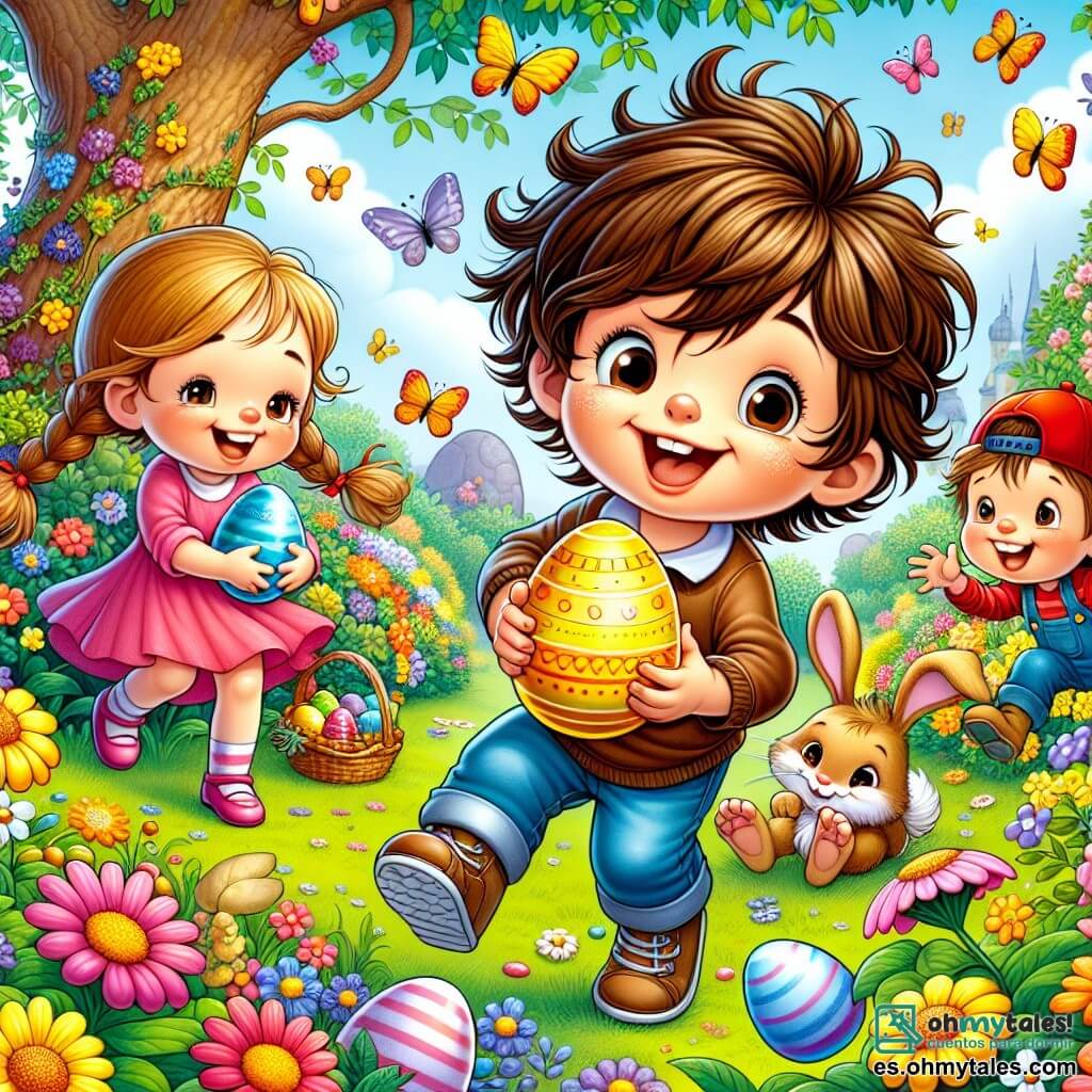 Un niño de 6 años, llamado Pablo, con cabello castaño desordenado y una gran sonrisa en su rostro, está saltando de alegría en un jardín colorido, sosteniendo un huevo de Pascua amarillo brillante en sus pequeñas manos. A su lado, Lucía, una niña de 6 años con largas trenzas y un vestido rosa, sonríe levantando un huevo azul que acaba de encontrar, mientras que Tomás, un niño de 6 años con una gorra roja, se agacha para recoger un huevo verde escondido detrás de una flor. El jardín está lleno de flores brillantes de todos los colores, con mariposas volando alrededor y un gran árbol al fondo, debajo del cual hay un adorable conejito de grandes orejas, observando a los niños con curiosidad. La escena principal muestra a Pablo y sus amigos en plena búsqueda de huevos de Pascua, rodeados de risas y emoción mientras descubren los tesoros escondidos en este lugar encantador.