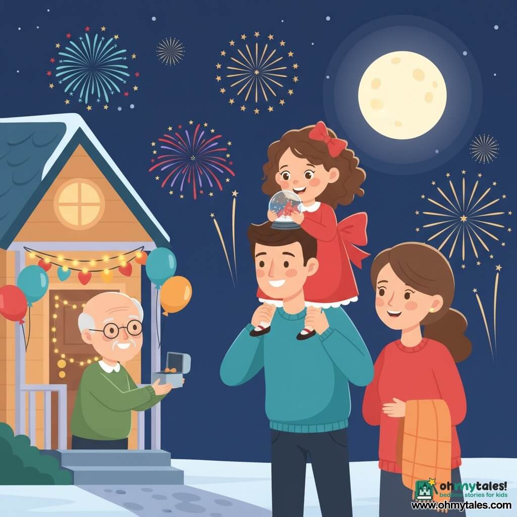 A delighted 6-year-old girl with curly brown hair and bright eyes in a red dress with a big bow holds a small sparkling snow globe to her chest while a smiling 35-year-old father carries her on his shoulders, a 34-year-old mother with long tied hair stands beside them holding a warm blanket, and a gray-haired grandfather with round glasses offers a small open silver box from the porch; they stand outside a cozy small house decorated with string lights, balloons and banners on a snowy moonlit path as red, blue and gold fireworks light the night sky at midnight — the family watches, the girl makes a wish, and everyone applauds and embraces in a joyful warm atmosphere.