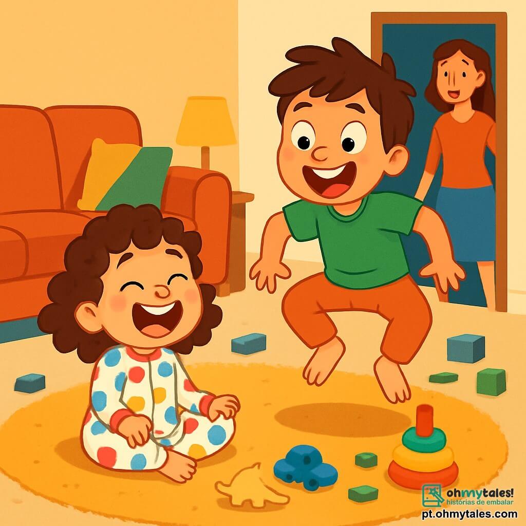 Uma menina de 4 anos, Nina, com grandes olhos brilhantes e cabelos cacheados, usa um adorável pijama de bolinhas coloridas. Ela está sentada em um tapete macio, rindo muito, com um sorriso radiante e bochechas rosadas. Ao lado dela, seu irmão de 6 anos, Pedro, com cabelos castanhos bagunçados e uma camiseta verde, faz caretas pulando como um sapinho, com os braços abertos e um grande sorriso no rosto. A cena acontece em uma sala de estar acolhedora, cheia de brinquedos espalhados, com um grande sofá confortável e almofadas coloridas. Uma suave iluminação suave ilumina o ambiente, criando uma atmosfera alegre e lúdica. Nina e Pedro se divertem fazendo de conta que são sapos, rindo e pulando no tapete, enquanto a mãe os observa com um sorriso divertido, pronta para chamá-los para a hora de dormir.