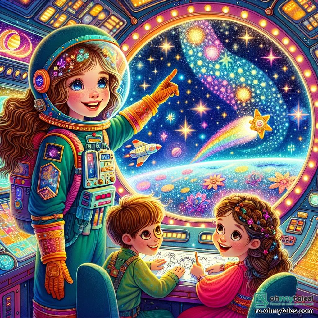 O femeie pilot, Mira, cu părul lung și ondulat de culoare brună, purtând o combinație spațială colorată și un mare zâmbet pe față, stă în interiorul navei sale spațiale. Ea privește cu uimire pe fereastră, unde se pot vedea stele strălucitoare și o planetă colorată în fundal. Lângă ea, un băiat pe nume Andrei, în vârstă de 8 ani, cu părul blond ciufulit și ochelari rotunzi, arată cu degetul spre exterior, cu ochii mari de bucurie. Un alt personaj, Ana, o fetiță de 7 ani cu împletituri brune și o rochie luminoasă, stă pe podeaua navei, înconjurată de cărți despre stele, desenând o stea căzătoare pe o foaie. Interiorul navei este plin de panouri de control futuriste, cu lumini clipește și ecrane care afișează hărți ale stelelor. Afară, planeta colorată este presărată cu flori uriașe și copaci dansatori, creând un peisaj de basm. Situația principală arată cum Mira și copiii explorează spațiul, uimiți de frumusețea universului, pregătiți să descopere minunile unei planete magice.