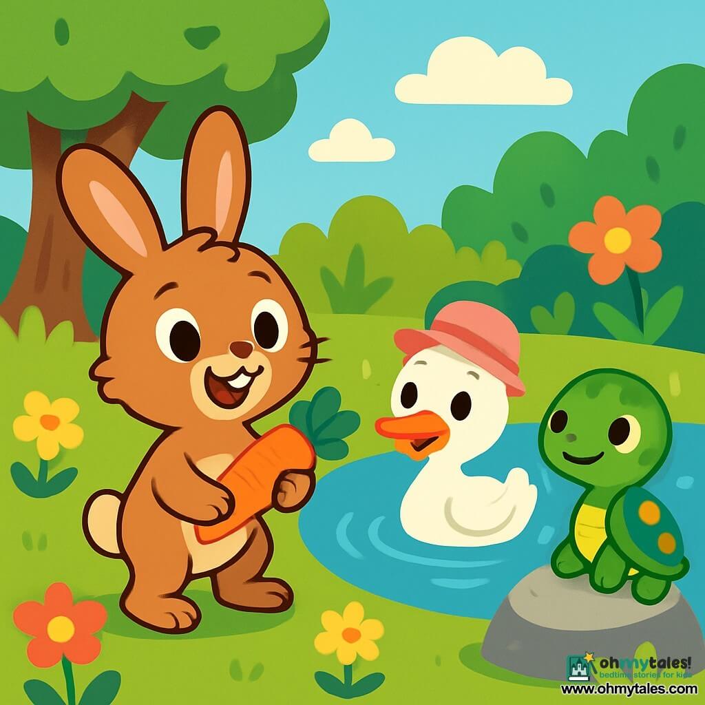 Benny Bunny, a small rabbit with big ears and soft brown fur, stands on his hind legs, eyes sparkling with excitement and a wide smile on his face. He holds a carrot in his little front paws, ready for adventure. Next to him, Daisy Duck, a white duck with a pretty pink hat, happily swims in the pond, her eyes sparkling with joy. Timmy Turtle, a green turtle with a colorful shell, is on a rock by the water, curiously watching with a slight smile. The scene is set in an enchanting garden filled with vibrant flowers, tall trees with green leaves, and a shimmering pond under the sun. The main focus is on energetic Benny Bunny, ready to explore the garden while his friends encourage him to discover the wonders around him.