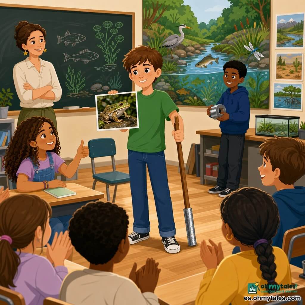 Un niño de 12 años, pelo castaño corto con pecas, sonrisa concentrada y algo orgullosa, viste camiseta verde y vaqueros y usa una muleta con la punta envuelta en cinta adhesiva plateada, está de pie frente a la clase mostrando la foto de una gran rana mientras explica los ecosistemas del arroyo; a su izquierda, Inés, una niña de 12 años de pelo rizado castaño, sentada en una mesa, mira alentadora con el pulgar hacia arriba; detrás, Marcos, niño de 12 años de pelo negro corto, sostiene un rollo de cinta metálica y sonríe pícaro; la profesora Clara, mujer de unos 30–35 años con el pelo recogido y pendientes de estrella, observa con benevolencia junto a la pizarra; el aula es luminosa con suelo de parquet claro, pizarra con dibujos de algas y peces, un gran mural científico colorido en la pared trasera, pósteres de ecosistemas y una silla vacía al frente; la clase escucha y aplaude suavemente, con luz cálida sobre el presentador y una atmósfera acogedora e inclusiva.