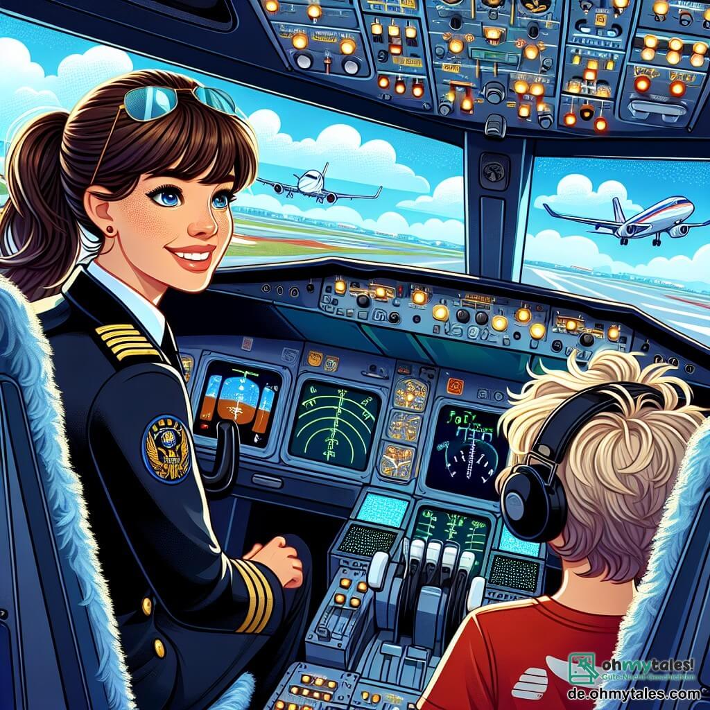 Im Vordergrund sitzt eine lächelnde und entschlossene Pilotin, Captain Lisa, im Cockpit eines großen Flugzeugs. Sie trägt einen marineblauen Pilotenanzug mit goldenen Abzeichen, Sonnenbrillen auf der Stirn und braune Haare zu einem Pferdeschwanz gebunden. Ihre Augen glänzen vor Aufregung, während sie die Fluginstrumente überprüft. Neben ihr sitzt ein 8-jähriger Junge namens Max mit zerzausten blonden Haaren und neugierigen Augen im Passagiersitz. Er trägt ein rotes T-Shirt mit einem Flugzeugmotiv und schaut fasziniert auf die Cockpitsteuerungen, seine Hände auf dem großen Steuerknüppel, bereit für ein Abenteuer. Das Cockpit ist voller blinkender Lichter und bunter Instrumente, mit einer großen Windschutzscheibe, die einen spektakulären Blick auf einen blauen Himmel mit flauschigen weißen Wolken bietet. Im Hintergrund sieht man die Startbahn des Flughafens und Flugzeuge, die auf den Start warten. Die Hauptsituation zeigt Captain Lisa und Max, die sich auf den Start vorbereiten, in einer fröhlichen und dynamischen Atmosphäre, die die Aufregung und Vorfreude auf einen bevorstehenden Flug zu neuen Abenteuern am Himmel verdeutlicht.