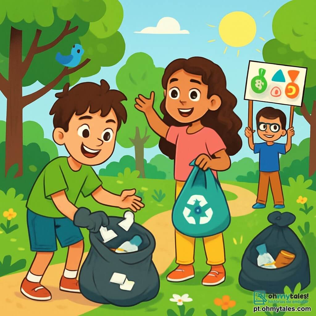 Um garoto de 12 anos, Miguel, com cabelos castanhos e bagunçados, usa uma camiseta verde vibrante e um shorts de denim. Seu rosto brilha com um grande sorriso, mostrando sua determinação e alegria enquanto coleta lixo em um parque. Ao lado dele, Ana, uma menina de 11 anos com cabelos longos e cacheados, vestida com uma camiseta rosa e uma calça amarela, segura um saco de reciclagem e incentiva outras crianças a participar. Pedro, um garoto de 12 anos com óculos e uma camiseta azul, está um pouco mais longe, segurando um cartaz colorido com mensagens sobre reciclagem. O parque é verde, cheio de árvores majestosas, flores coloridas e um caminho de terra que serpenteia pelo espaço. Pássaros cantam nos galhos, e o sol brilha, criando uma atmosfera alegre e acolhedora. A cena mostra Miguel e seus amigos em ação, coletando lixo e conscientizando outras crianças sobre a importância de proteger a natureza, com sacos de lixo ao redor e sorrisos em todos os rostos.