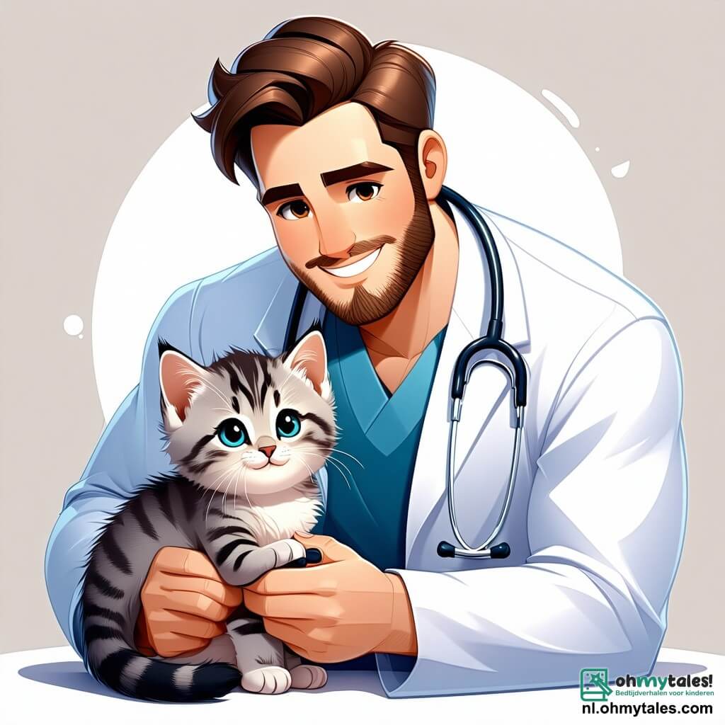Een man, Dokter Bram, staat centraal in het beeld, met een warme glimlach. Hij heeft bruin haar en een goed verzorgde baard, en draagt een witte dierenartsjas met een stethoscoop om zijn nek. Hij is gehurkt en onderzoekt een klein grijs kitten met sprankelende ogen dat zich tegen hem aan nestelt, wat aangeeft dat het zich veilig voelt. Naast hem kijkt een 8-jarig jongetje genaamd Tim, met wild blond haar en een kleurrijk T-shirt, vol bewondering. Hij houdt een kleurrijk bord met informatie over dierenverzorging vast, met tekeningen van honden en katten. Tim glimlacht, zijn ogen stralen van opwinding. Op de achtergrond is een charmant dorp te zien met huizen met kleurrijke gevels, stralende bloemen in de tuinen en een blauwe lucht met donzige witte wolken. Nieuwsgierige voorbijgangers stoppen om de scène te bekijken, wat een levendige sfeer aan de illustratie toevoegt. De hoofdscène toont Dokter Bram die Lisa, een 7-jarig meisje, geruststelt terwijl ze haar kitten in haar armen houdt. Ze heeft bruin haar en draagt een bloemenjurk. Ze kijkt hoopvol terwijl Dokter Bram haar uitlegt hoe ze voor haar huisdier moet zorgen. De afbeelding straalt een sfeer van warmte, medeleven en vriendschap uit tussen de personages.