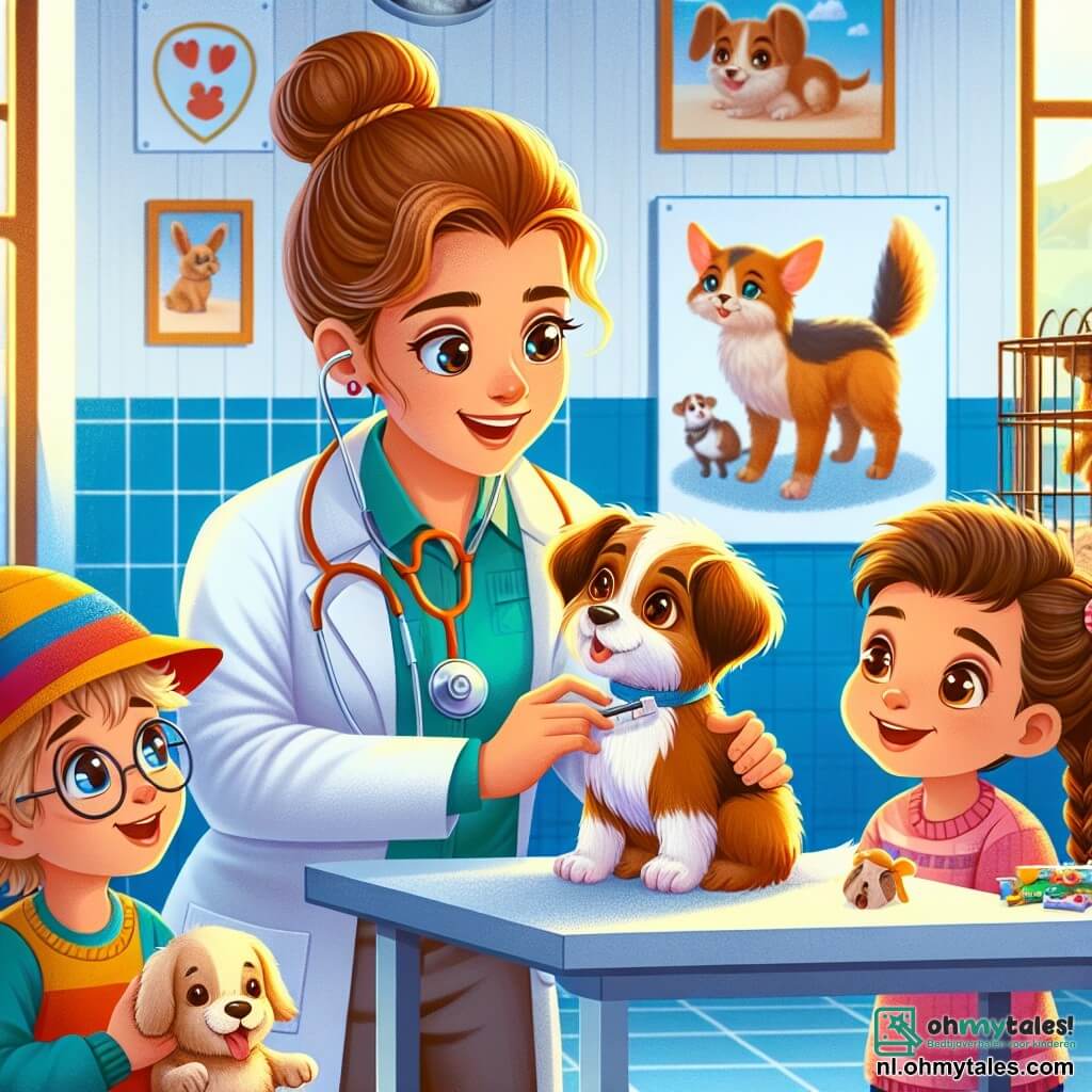 In een lichte en uitnodigende dierenkliniek is de glimlachende dierenarts, dokter Lotte, een vrouw van een dertig jaar met kastanjebruin haar in een knot. Ze draagt een witte labjas en een stethoscoop om haar nek terwijl ze aandachtig een kleine hond genaamd Max onderzoekt, die een verband om zijn poot heeft. Lotte heeft een zachte en geconcentreerde uitdrukking, wat haar liefde voor dieren laat zien. Naast haar kijkt Tim, een 8-jarig jongetje met een rode pet, verwonderd toe. Hij heeft grote ogen en een enthousiaste glimlach, terwijl hij een hondenspeeltje in zijn handen houdt. Verderop aait Lisa, een 7-jarig meisje met vlechten, een klein konijn in een kooi, met een stralende glimlach. De scène speelt zich af in een behandelkamer van de kliniek, waar kleurrijke dierenposters de muren sieren. Dierenspeelgoed ligt verspreid op planken en een groot raam laat zonlicht binnen, dat de ruimte verlicht. In deze hoofdscène verzorgt dokter Lotte Max, de gewonde hond, terwijl Tim en Lisa de wereld van dieren ontdekken en leren hoe belangrijk het is om voor hen te zorgen, wat een sfeer van nieuwsgierigheid en vriendelijkheid creëert.