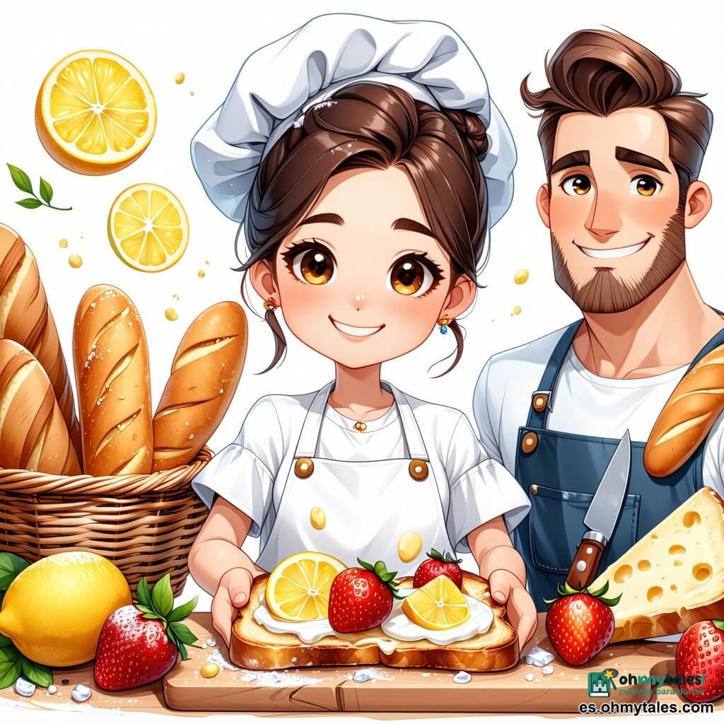 Una joven chef sonriente con moño despeinado y delantal blanco con limones sostiene una tostada con queso fresco y rodajas de fresa sobre una tabla de madera; a su izquierda Don Tomás, el panadero con barba enharinada y una cesta de pan caliente ofrece una baguette; tres niños ayudan alrededor de una mesa baja —una niña trenza corta cortando fresas, un niño rizado unta queso y otra niña sujeta un hilo dorado de miel— en la cocina de la posada de paredes claras, estantes con tarros, un cesto de hierbas (romero, menta) y un horno de piedra, luz cálida de mañana; escena alegre y animada en la que la chef enseña a montar una tapa de pan crujiente, queso cremoso y fresas brillantes, colores vivos y paleta cálida.