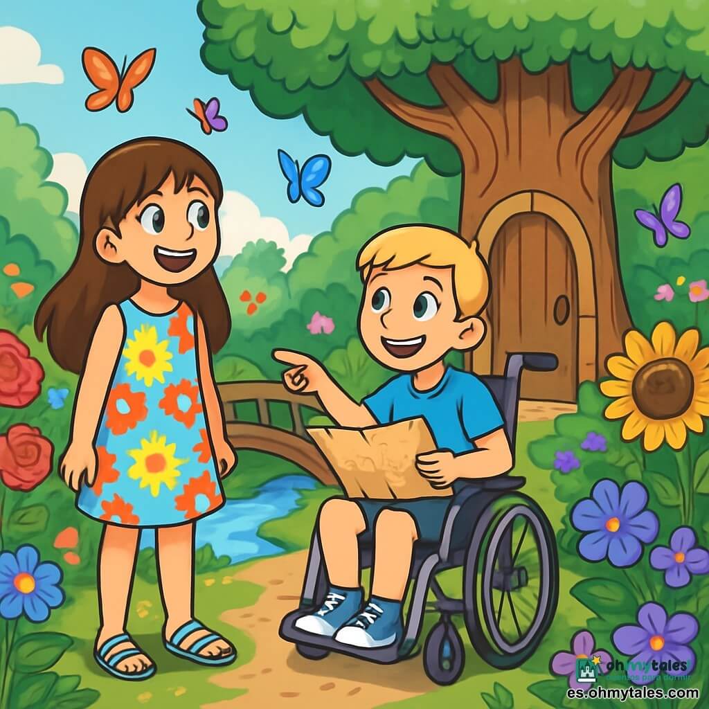 Hay 2 personajes principales: - Sofía: una niña de 9 años, con largos cabellos castaños y ojos brillantes. Lleva un vestido colorido con flores y sandalias. Está a la izquierda, mirando con asombro el jardín. - Lucas: un niño de 10 años, con cabello corto y rubio, lleva una camiseta azul y un pantalón corto. Está sentado en una silla de ruedas, sonriendo y sosteniendo un viejo mapa de papel. Se encuentra a la derecha de Sofía, señalando hacia el jardín. La situación principal tiene lugar en un jardín mágico, lleno de flores brillantes de todos los colores, con rosas rojas, girasoles amarillos y violetas delicadas. En el centro, un gran roble majestuoso se eleva, con sus ramas extendiéndose como brazos protectores. Un pequeño puente de madera cruza un arroyo brillante, y mariposas multicolores danzan en el aire. La historia muestra a Sofía y Lucas descubriendo un viejo mapa de papel, mientras están frente a la puerta secreta del jardín, rodeados de flores brillantes y una atmósfera encantada, listos para resolver el misterio que les espera.