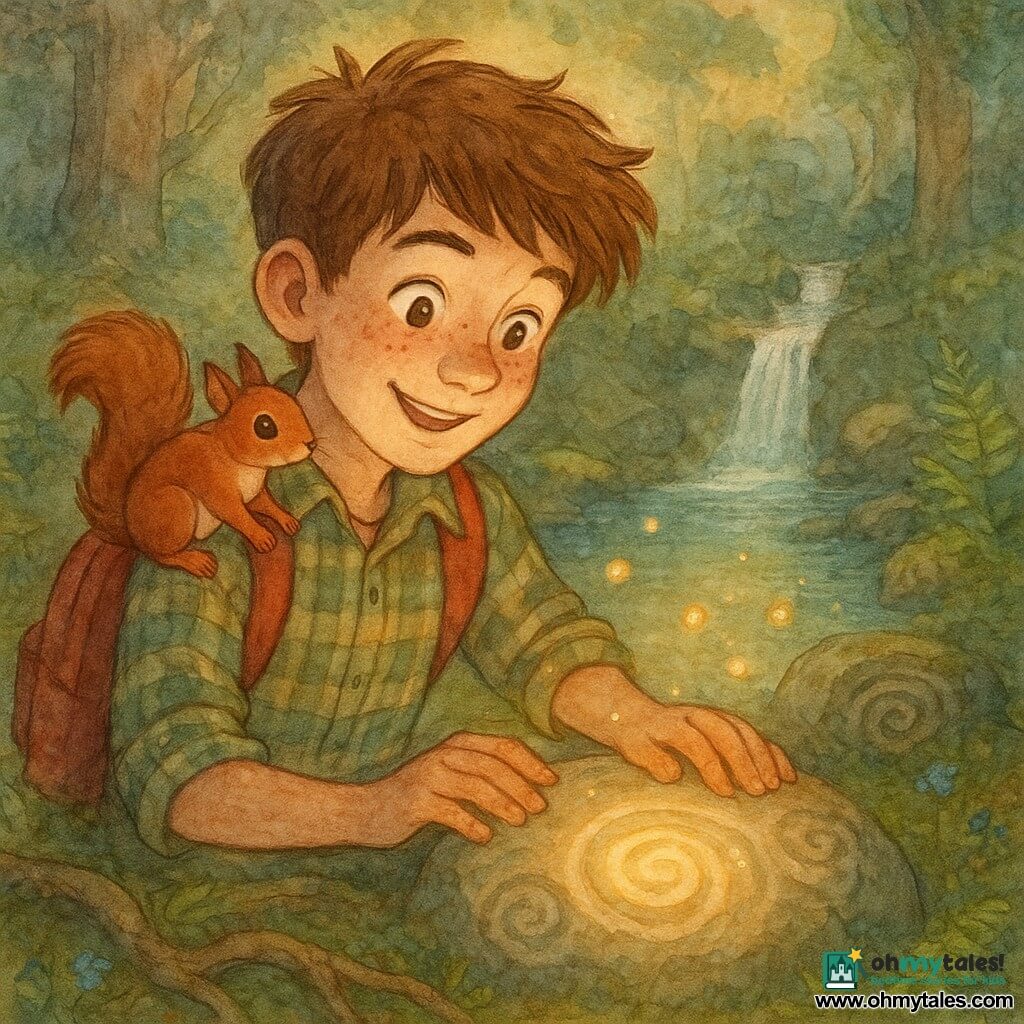 A boy of about 12 watches a small round pool in wonder, messy chestnut hair, freckles, red backpack, green-beige plaid shirt, smiling with his palm on a softly glowing engraved stone; a small female squirrel named Pip perches on his right shoulder, reddish fur, bright black eyes, bushy tail, reaching a paw toward the stone; they stand in a mossy forest clearing with roots, ferns, blue flowers and a tiny waterfall feeding the pool ringed by ancient spiral-carved stones; the scene captures discovery—golden sparkles and light bubbles hover above the water at warm dusk, pastel tones, grainy watercolor texture, low raking light and soft reflections.