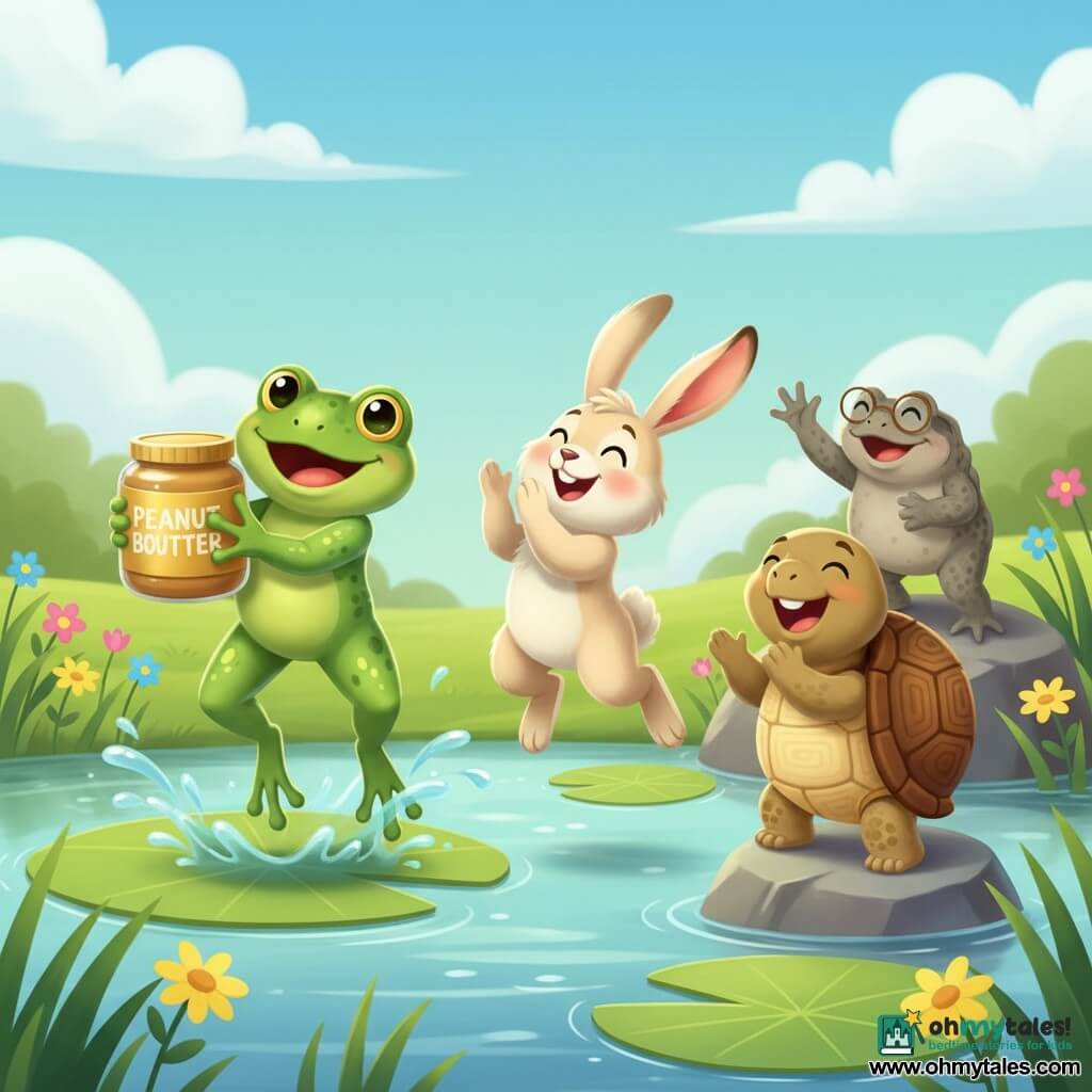 A joyful shiny bright-green frog with glittering eyes holds a large jar of golden peanut butter while hopping on a lily pad; a fluffy cream-colored rabbit with twitching long ears applauds beside it, a round smiling turtle with a brown-and-cream shell stands on a nearby rock applauding, and an old wise gray toad wearing small round glasses on a background rock raises a paw to announce the winner; the scene is a clear pond with shimmering water, broad green lily pads, colorful wildflowers (yellow, pink, blue), a green meadow and blue sky with soft clouds, showing a celebratory winning jump with playful splashes, visible laughter, a bright festive mood, saturated colors and friendly rounded shapes.