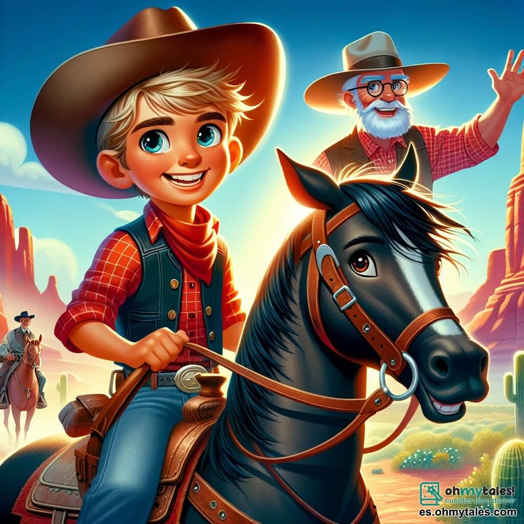 Un joven, Tomás, es un valiente vaquero con una amplia sonrisa y ojos llenos de determinación. Lleva un sombrero de vaquero desgastado, una camisa de cuadros rojos y pantalones de mezclilla. Está montando su caballo, Rayo, un hermoso semental negro con crines brillantes, en un sendero polvoriento. Cerca, el viejo Sam, un hombre mayor con barba blanca y gafas redondas, observa a Tomás con una expresión de esperanza. Lleva un chaleco de cuero y un sombrero de paja, sosteniendo un bastón de madera. El paisaje es desértico, con montañas rojas al fondo, cactus verdes dispersos y un cielo azul brillante iluminado por el sol de la mañana. La escena muestra a Tomás listo para buscar los caballos salvajes desaparecidos, determinado y lleno de energía, mientras el viejo Sam le hace una señal de ánimo, simbolizando la unión y la ayuda mutua en su aventura.