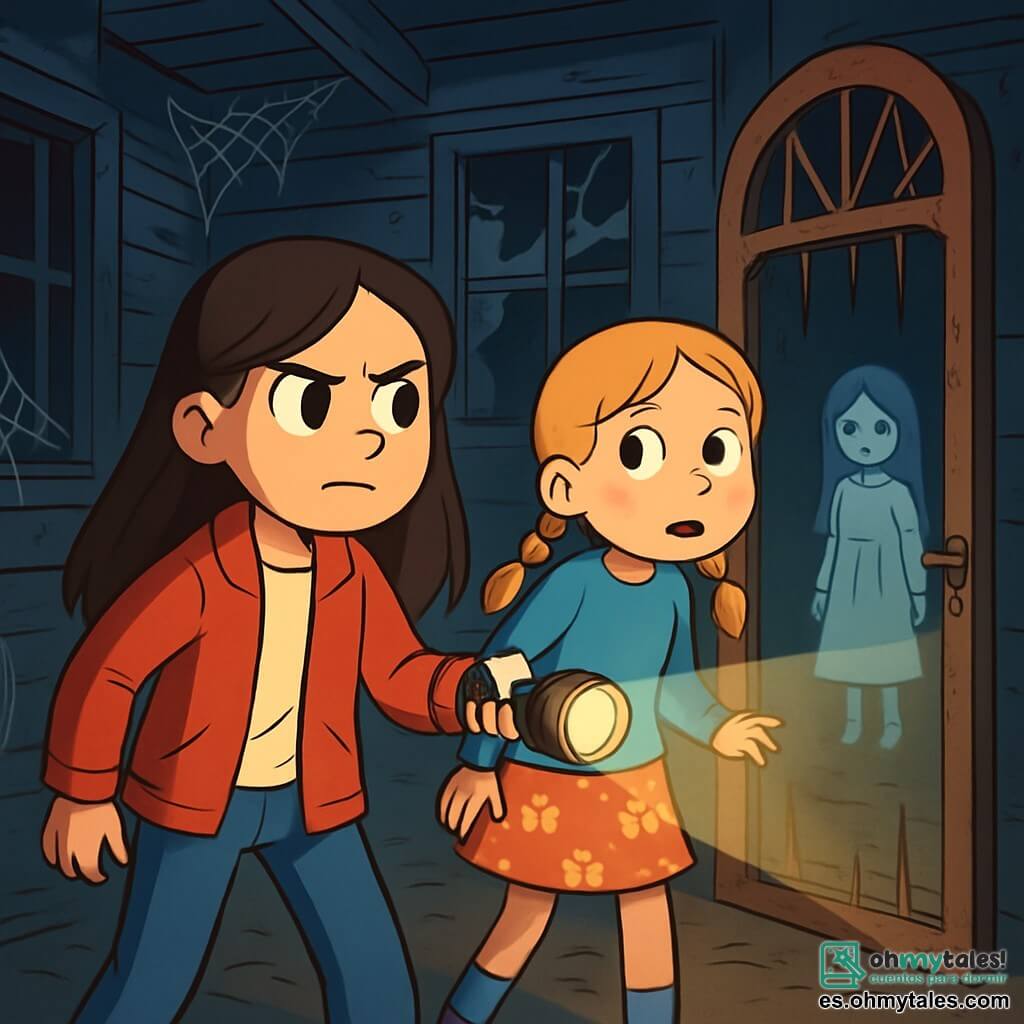 Hay 2 personajes principales: - Clara: una niña de 10 años con cabello largo castaño, que lleva una chaqueta roja y pantalones de mezclilla. Sostiene una linterna y mira con determinación hacia el interior de la casa. - Sofía: una niña de 10 años con trenzas rubias, vestida con un suéter azul y una falda de flores. Se mantiene un poco atrás, con los ojos muy abiertos, observando la casa con curiosidad y un toque de miedo. El lugar donde ocurre la situación principal es una vieja casa encantada, con paredes de madera desgastadas, ventanas rotas que dejan pasar sombras inquietantes, y una puerta de hierro oxidada que chirría con el más mínimo movimiento. Telarañas cuelgan de las esquinas del techo, y el suelo está cubierto de polvo, creando una atmósfera misteriosa y ligeramente aterradora. La situación principal de la historia muestra a Clara y Sofía, valientes pero nerviosas, aventurándose dentro de la casa oscura, iluminando su camino con la linterna, mientras una silueta etérea de una niña pequeña con un vestido blanco aparece al fondo de la habitación, observándolas con ojos tristes.