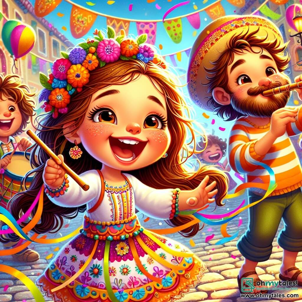 An 8-year-old girl, Lila, with long brown hair and sparkling joyful eyes, dances with a big smile on her face. She wears a colorful dress adorned with floral patterns and holds a wooden wand decorated with multicolored ribbons that float in the air. Next to her is a 9-year-old boy named Sam, with curly hair and a striped shirt, playing the flute with a focused expression, his eyes shining with happiness. A 30-year-old man, Rico, with a soft beard and a colorful hat, enthusiastically plays the drum just behind Lila. The setting is a festive street filled with brightly colored carnival stalls, floating balloons, and flower garlands. Confetti falls from the sky, adding a magical touch to the joyful atmosphere. The scene depicts Lila, Sam, and Rico creating an improvised dance, surrounded by a smiling crowd that claps and laughs, as a large flower-decorated float slowly approaches, ready to join the celebration.