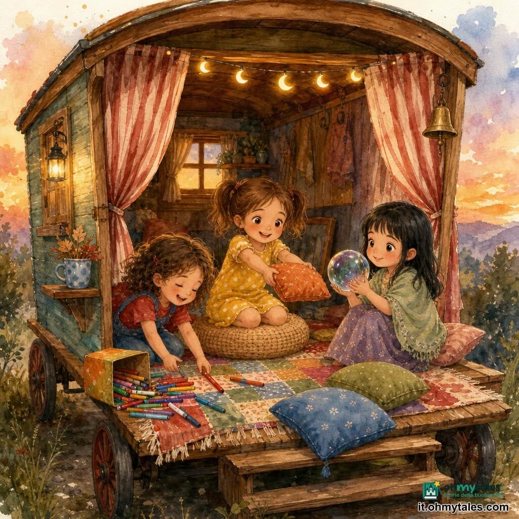Ci sono tre bambine: Mia, circa 5 anni, capelli castani in due codini, vestito giallo a pois bianchi, seduta al centro su un tappeto puff mentre porge un cuscino; Sofia, circa 6 anni, capelli castani ricci, maglietta rossa e salopette blu, a sinistra di Mia che ride chinandosi a raccogliere dei pennarelli colorati rotolati per terra; Lila, circa 5 anni, capelli neri lisci e occhi grandi, gonna viola e scialle verde chiaro, a destra di Mia che tiene una grande bolla di sapone lucente tra le mani. Luogo: una piccola roulotte di legno con quattro ruote visibili, porta aperta con tende a righe rosse e bianche e una ghirlanda di lucine a forma di luna sopra l’ingresso; all’interno tappeto patchwork soffice, pile di cuscini colorati, scatola di pennarelli rovesciata, una tazza con foglie secche su una mensola e una piccola campanella vicino alla porta. Atmosfera: luce serale soffusa, colori caldi e texture acquerellate, scena gioiosa e un po’ disordinata mentre le tre amiche allestiscono un angolo tranquillo con pennarelli sparsi, bolle di sapone e cuscini; espressioni di risate contenute e gesti affettuosi, stile illustrativo morbido con contrasti pastello e tocchi vivaci (pennarelli rossi, bolla verde-bluastra, cuscino arancione).