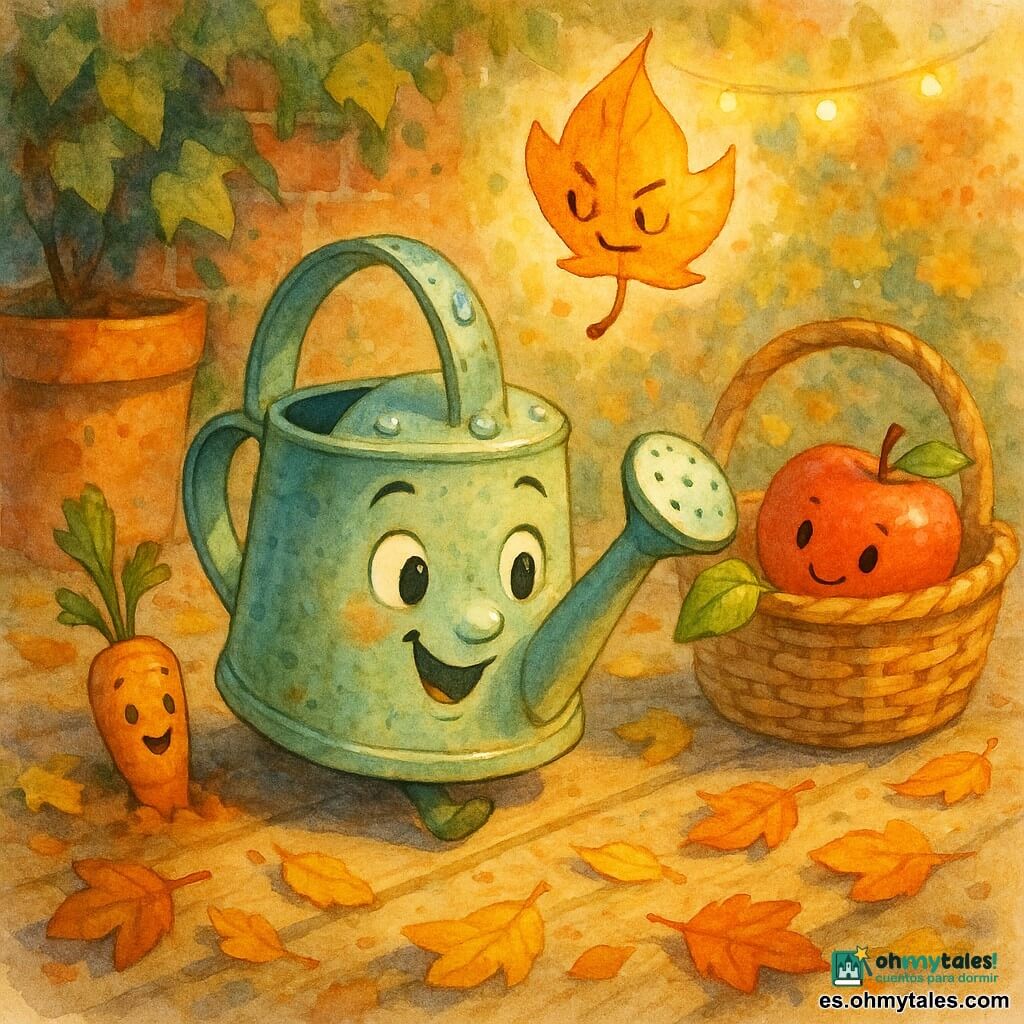 Una pequeña regadera antropomórfica de metal verde pálido con rostro sonriente y gotas de agua en el asa rueda hacia una cesta de frutas; una hoja otoñal amarilla-anaranjada y traviesa revolotea sobre ella invitándola a jugar; una manzana roja en una cesta de mimbre a la derecha sonríe y ofrece una hoja, y una zanahoria naranja medio enterrada a la izquierda saluda con sus hojas verdes; todo en una terraza de jardín al final de la tarde otoñal con tablones cálidos, macetas de terracota, alfombra de hojas, luces suaves y pared de ladrillo con hiedra, escena cálida y lúdica, colores otoñales saturados estilo acuarela, texturas húmedas y luz dorada rasante.