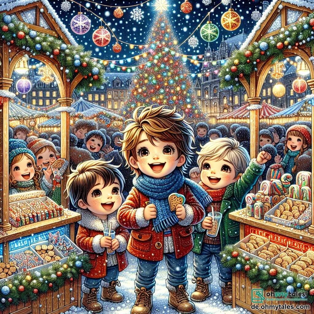 In der Mitte des Bildes steht Max, ein achtjähriger Junge mit zerzausten braunen Haaren, der einen roten Mantel und einen blauen Schal trägt. Er lächelt fröhlich und hält einen Beutel mit Weihnachtsplätzchen in der Hand. Rechts von ihm singt Tim, ein weiterer achtjähriger Junge mit runden Brillen und blonden Haaren, begeistert mit erhobenen Armen. Links schaut Ben, ein siebenjähriger Junge mit kastanienbraunen Haaren, staunend auf einen kleinen, strahlend lächelnden Elf namens Elfi, der fröhlich über ihnen schwebt und ein grünes Tunika sowie eine niedliche rote Mütze trägt. Im Hintergrund ist ein zauberhafter Weihnachtsmarkt, der von funkelnden Lichtern und bunten Girlanden erleuchtet wird. Holzstände, geschmückt mit Tannen und Schneeflocken, sind voller Süßigkeiten und Spielzeuge. Der Schnee fällt sanft und bedeckt den Boden mit einer weißen, glänzenden Schicht, während ein großer Weihnachtsbaum, geschmückt mit bunten Kugeln, majestätisch im Zentrum des Marktes steht. Die Szene zeigt die Jungen, die Plätzchen teilen und Weihnachtslieder singen, umgeben von der festlichen und warmen Atmosphäre des Marktes, die die Magie von Freundschaft und Großzügigkeit während der Feiertage illustriert.