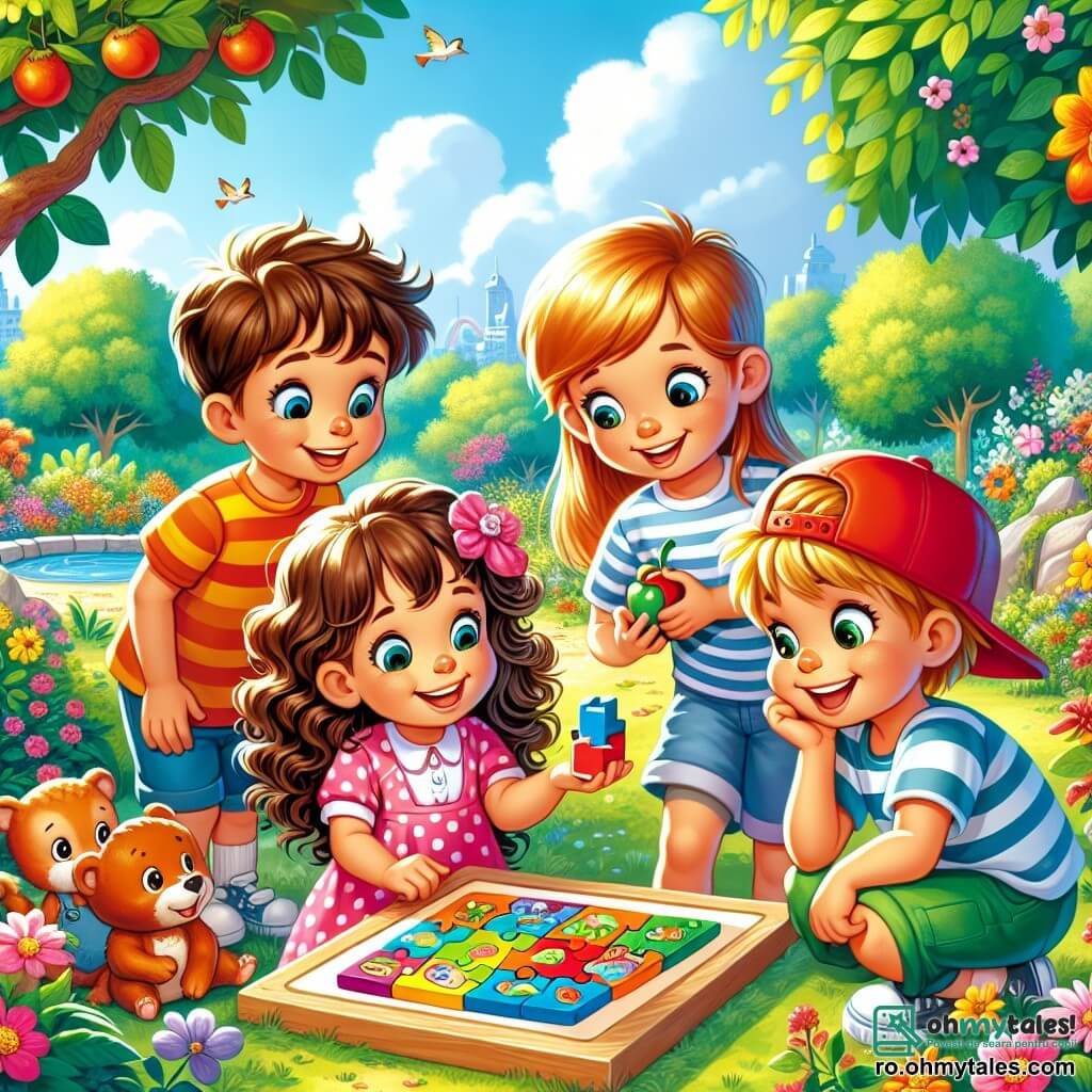 Într-un parc însorit, cinci copii sunt adunați în jurul unui obiect mic și misterios. **Mia** (fată, 8 ani) are părul creț și poartă o rochie roz cu buline, se apleacă curioasă spre obiect, zâmbind. **Andrei** (băiat, 9 ani) are părul blond și poartă un tricou albastru și o pereche de pantaloni scurți verzi, arătând entuziast spre obiect. **Sara** (fată, 8 ani) are părul lung și drept, prins într-o coadă de cal, poartă un maiou galben și blugi, privindu-l cu ochii mari de excitație. **Radu** (băiat, 9 ani) are părul șaten, poartă o șapcă roșie și un tricou cu dungi, stând puțin mai în spate, zâmbind complice. **Luca** (fată, 7 ani) are părul blond și creț, poartă o rochie albastră și se apropie de grup, intrigată de descoperirile lor. Parcul este plin de copaci verzi, flori colorate și un cer albastru strălucitor, iar în fundal se văd un tobogan și leagăne, unde alți copii se joacă fericiți. Copiii examinează un puzzle colorat, discutând despre originea lui și pregătindu-se să rezolve misterul împreună.