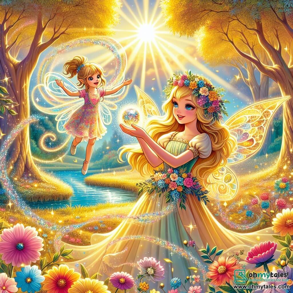 Elara, a young woman with golden hair and sparkling eyes, stands at the center of the scene, her face illuminated with wonder. She wears a light dress adorned with colorful flowers and holds a shimmering crystal in her hands, radiating magic. Beside her, Lirael, a small fairy with iridescent wings, joyfully flies around her. She wears a dress made of flower petals and has a bright smile, her eyes shining with gratitude. The setting is an enchanted glade bathed in golden light, surrounded by majestic trees with shimmering leaves. Multicolored flowers dance in the breeze, and a sparkling stream winds through the landscape, adding a touch of magic. The main scene shows Elara and Lirael celebrating the return of the enchanted crystal, surrounded by vibrant colors and a joyful atmosphere, symbolizing restored harmony in the fairy realm.