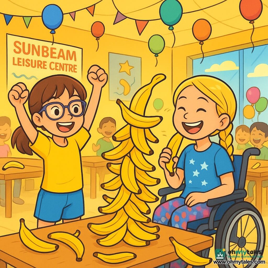 There are two main characters: Zoe, a 10-year-old girl with purple-framed glasses and brown pigtails, wearing a yellow t-shirt and blue shorts. She stands with her arms raised in victory in front of a wobbling banana tower. Maya, also 10, is in a wheelchair, with blonde braids and a bright smile. She wears a blue t-shirt with stars and colorful leggings, standing next to Zoe, holding a banana like a microphone and laughing. The setting is the Sunbeam Leisure Centre, a bright room with yellow walls filled with children's laughter. Wooden tables are covered with twisted bananas, and colorful decorations float from the ceiling. In the background, there are posters of fun challenges and multicolored balloons. The main scene shows Zoe and Maya building a banana tower, defying gravity. The bananas are stacked precariously, some sliding off while others are balanced. Both girls have expressions of concentration and joy, surrounded by a cheerful mess of bananas and laughter.