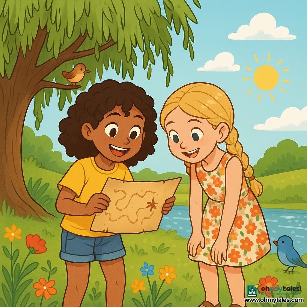 There are two main characters: Maya, a 10-year-old girl with curly brown hair, wearing a bright yellow t-shirt and denim shorts, holding a treasure map with excited eyes, and Isla, a 10-year-old girl with braided blonde hair, dressed in a floral dress and sandals, carefully examining the map with a mischievous smile. The two girls stand under a large weeping willow by a sparkling river, surrounded by colorful wildflowers and singing birds. The sky is blue with a few fluffy white clouds, and the sun shines gently, creating dancing shadows on the ground. The main situation of the story shows Maya and Isla discovering an old scroll that appears to be a treasure map, with winding lines and a star symbol marking a mysterious location. They are ready for adventure, eager to solve puzzles and find the hidden treasure.