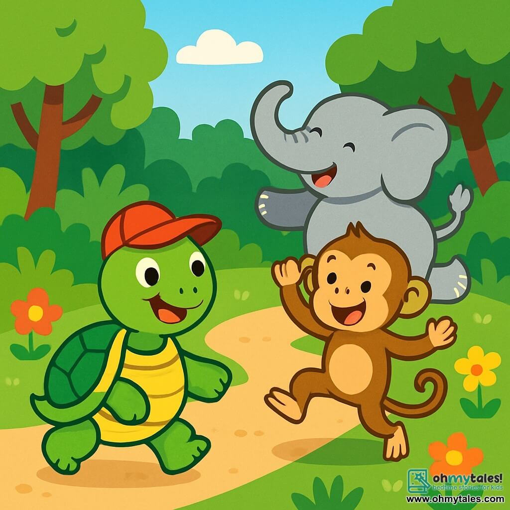A happy turtle with a shiny green shell and a red hat, smiling and full of energy, is slowly walking on a dirt path. Next to her is a playful monkey with light brown fur, jumping enthusiastically, and a majestic gray elephant doing pirouettes with its long trunk. In the background, a lush jungle filled with green trees, colorful flowers, and a bright blue sky. The turtle and her friends are participating in a fun race, laughing and having a great time together, creating a joyful and festive atmosphere.
