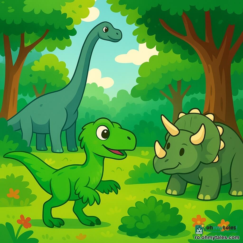 Un vélociraptor jucăuș, cu pene verzi și ochi curioși, stă în centrul scenei, observând un buchet de tufișuri. La câțiva pași, un triceratops prietenos, cu coarne mari și un corp robust de culoare gri-verde, se odihnește sub un copac mare. În fundal, un diplodocus imens își întinde gâtul pentru a ajunge la frunzele de pe o ramură înaltă. Locul este o pădure luxuriantă, plină de copaci înalți și flori colorate, cu raze de soare care creează o atmosferă magică. Vélociraptorul, plin de energie, se pregătește să exploreze tufișurile misterioase.
