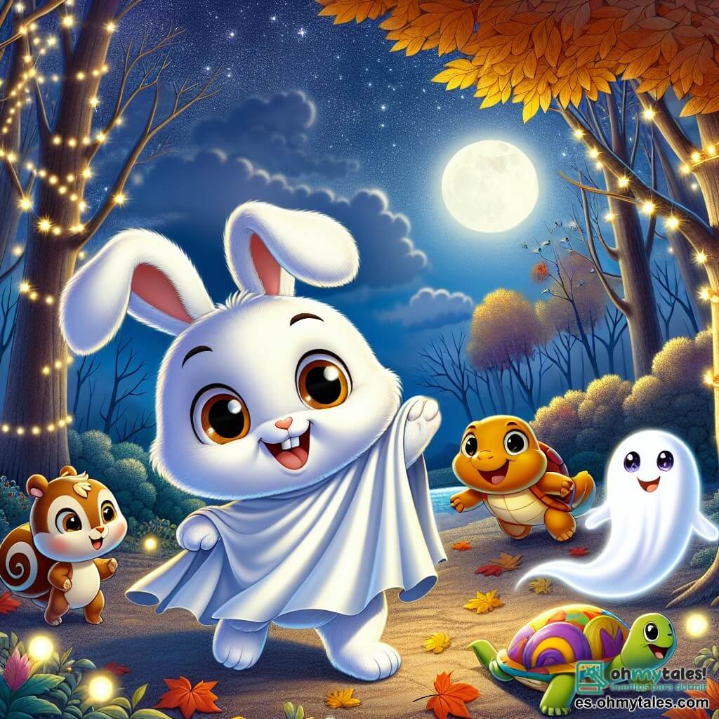 Un pequeño conejo llamado Saltarín, con pelaje blanco y grandes orejas, lleva una sábana blanca como disfraz de fantasma, mostrando una gran sonrisa de emoción. Se encuentra en el centro de un claro iluminado por la luna, rodeado de luces centelleantes y hojas doradas, listo para descubrir un secreto. A su lado, Flit, un pequeño fantasma sonriente con ojos brillantes, flota alegremente en el aire, extendiendo sus brazos translúcidos como si estuviera bailando. Lenta, una tortuga con un caparazón colorido y ojos curiosos, avanza lentamente, mirando a su alrededor con asombro. Rápida, una ardilla ágil con pelaje marrón y ojos vivos, salta de emoción, con sus pequeñas patas en el aire. El lugar es un hermoso claro en un bosque encantado, bañado por la luz plateada de la luna, con majestuosos árboles de hojas doradas y estrellas brillantes que iluminan el cielo nocturno. La situación principal muestra a Saltarín y sus amigos descubriendo un árbol mágico en el centro del claro, cubierto de luces brillantes y caramelos de colores que caen del cielo, mientras ríen y se maravillan de esta magia de Halloween.