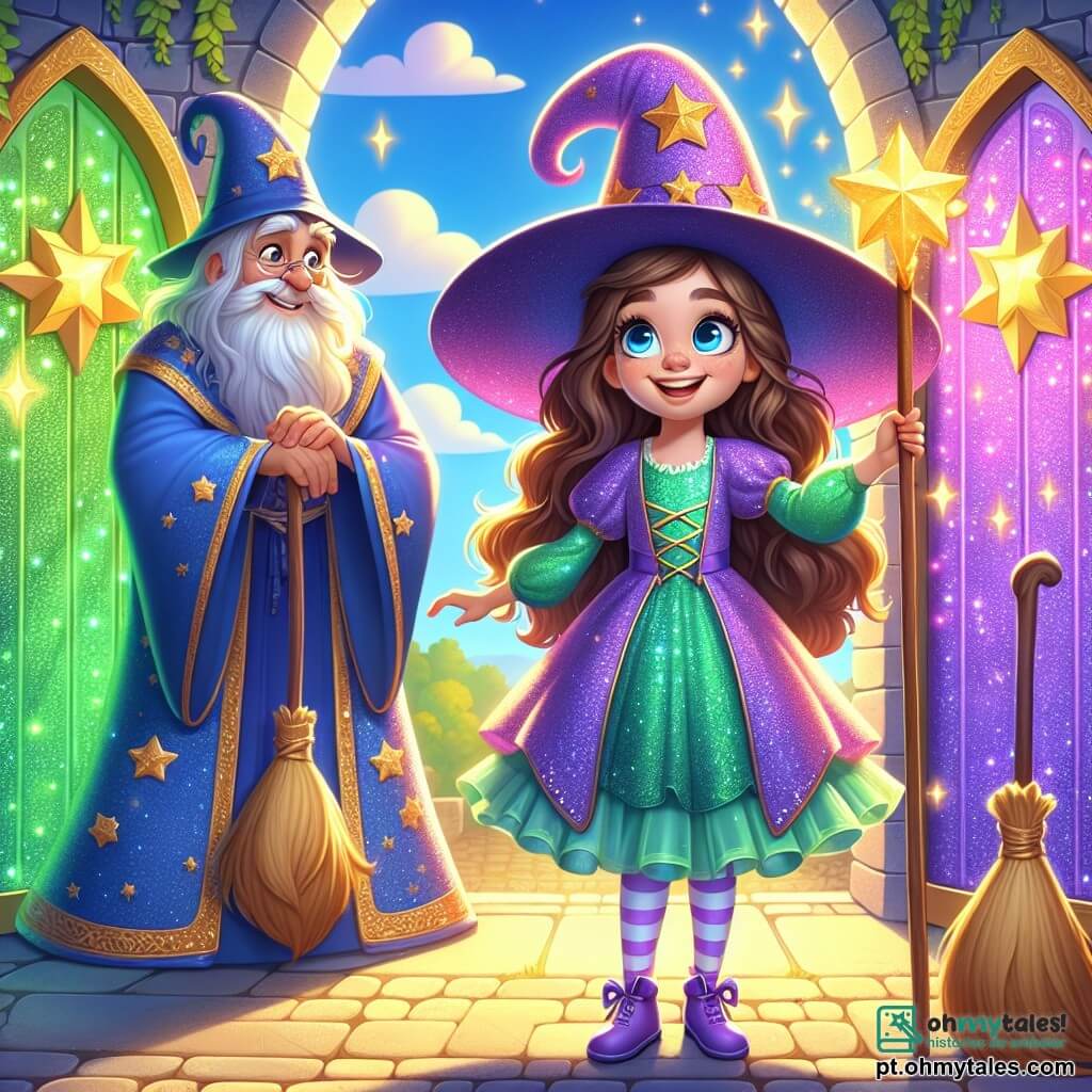 Uma jovem bruxa chamada Lila, com longos cabelos castanhos e olhos brilhantes de curiosidade, está em uma vassoura cintilante, com um grande sorriso no rosto. Ela usa um chapéu pontudo roxo adornado com estrelas douradas e um vestido verde brilhante. Ao seu lado, o grande mago Baltazar, um homem idoso com uma longa barba branca e um manto azul estrelado, a observa com benevolência, de braços cruzados, em um ar de sabedoria. O cenário é um castelo de conto de fadas, com paredes de pedra cobertas de hera luminosa e janelas redondas que deixam passar uma luz dourada. Nuvens de algodão doce flutuam no céu azul. A cena mostra Lila e Baltazar diante de três portas mágicas brilhantes, cada uma de uma cor vibrante: verde, roxa e dourada. Lila, animada e deslumbrada, está prestes a escolher uma porta para começar sua primeira lição de magia.