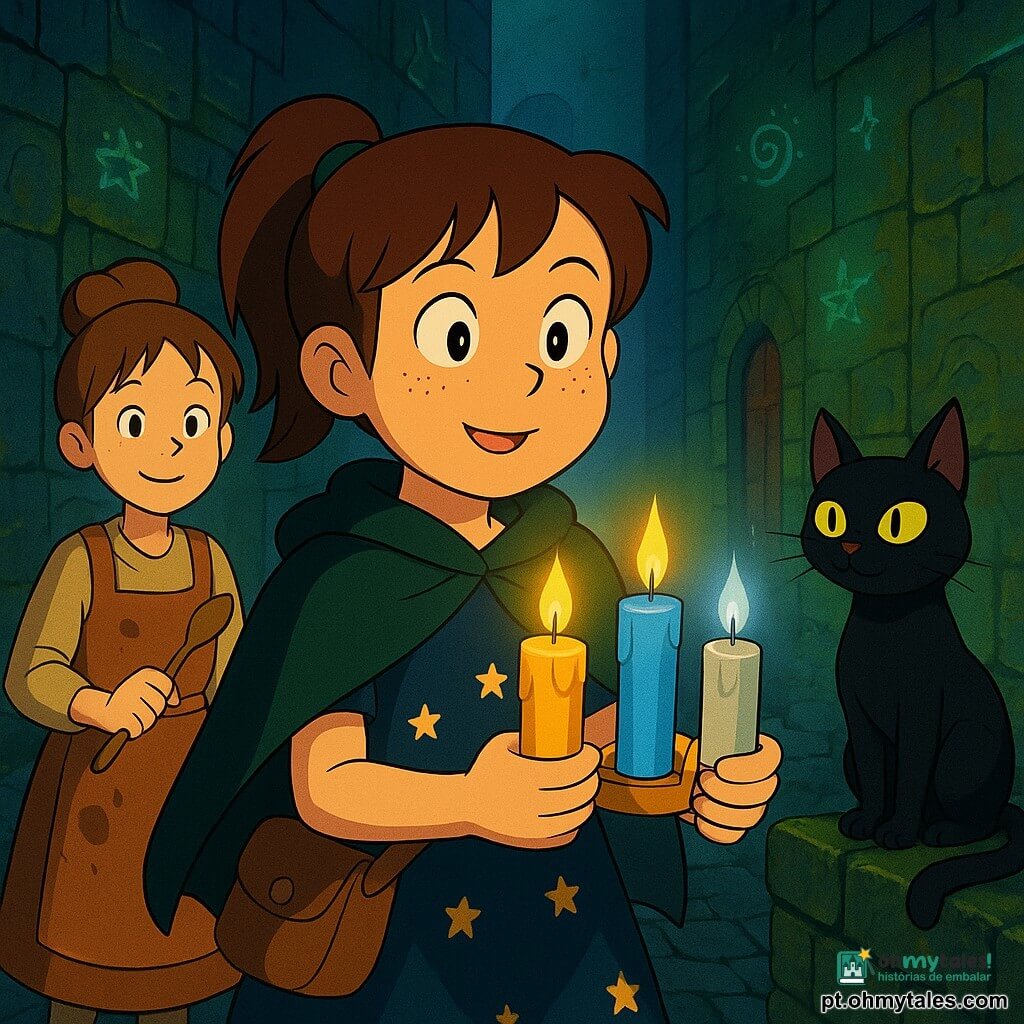 Lia, aprendiz de feiticeira de 9 anos, rosto redondo com sardas, rabo de cavalo castanho e expressão corajosa e aliviada, segura três velas brilhantes (dourada, azul, prateada) que lançam luzes quentes e frias; ela veste capa curta verde-escura, vestido simples com estrelas e pequena bolsa de couro. Bolacha, gato preto macho de pelo brilhante e olhos amarelo-limão maliciosos, sentado num muro à direita de Lia, observa as velas e ronrona, com postura elegante e ar protetor. Íris, outra menina de ~9 anos com coque desarrumado, avental manchado e sorriso tímido, está atrás à esquerda segurando uma colher de pau, parecendo aliviada e cúmplice. A viela mágica é estreita, pavimentada com blocos negros brilhantes, paredes de pedra cobertas por musgo verde-esmeralda e símbolos gravados que brilham (estrelas, espirais, luas); ao fundo, névoa prateada suave e portas coloridas sugeridas. Cena pós-descoberta: as três velas acesas iluminam os rostos com contrastes dourado quente, azul frio e prateado pálido, criando uma atmosfera de mistério sereno em cores saturadas no estilo de desenhos animados dos anos 90.