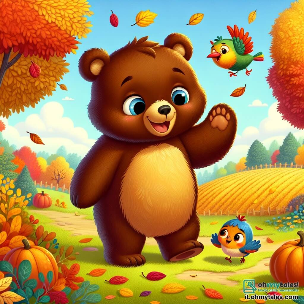 Un grande orso bruno, con un pelo morbido e setoso, si trova in mezzo a un parco colorato, con gli occhi che brillano di gioia e un ampio sorriso sul volto. Tocca delicatamente una foglia d'autunno, di un giallo splendente, che cade dolcemente attorno a lui. Accanto a lui, un piccolo uccello dalle piume colorate, con un ventre giallo vivo e un becco rosso, vola gioiosamente nell'aria, cantando con entusiasmo. Sembra curioso e felice, dirigendosi verso l'orso per mostrargli la strada verso il campo. Il parco è pieno di alberi con foglie sgargianti, che vanno dal rosso all'oro, e il terreno è coperto di foglie che scricchiolano sotto i passi. In lontananza, un campo di zucche brillanti si estende sotto un cielo azzurro chiaro, dove il sole splende dolcemente. In questa scena, l'orso e l'uccello si preparano a esplorare il campo di zucche, pronti a vivere un'avventura autunnale piena di risate e scoperte.