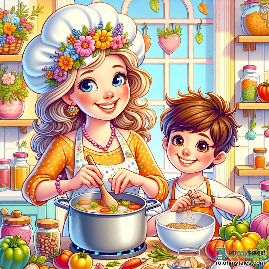 O femeie zâmbitoare, numită Ana, se află în centrul imaginii, purtând o mare bonetă de bucătar și un șorț alb frumos, împodobit cu flori colorate. Ochii ei strălucesc de bucurie în timp ce amestecă ingrediente într-o oală mare, înconjurată de legume proaspete și ierburi aromatice. Lângă ea, un băiat de 8 ani, numit Luca, cu părul brun zbârlit și un zâmbet radiant, zdrobește nuci într-un bol mic, privindu-o pe Ana cu admirație. Scena se desfășoară într-o bucătărie luminoasă și primitoare, cu pereți vopsiți în galben pastel, rafturi pline cu borcane de condimente colorate și feronerie care lasă să intre lumina soarelui. Pe masă, fructe și legume colorate sunt împrăștiate, creând o atmosferă veselă și primitoare. Ana și Luca pregătesc o supă delicioasă și prăjituri, împărtășind râsete și momente de complicitate, în timp ce arome îmbietoare plutesc în aer, promițând o sărbătoare gustoasă pentru toți copiii din oraș.