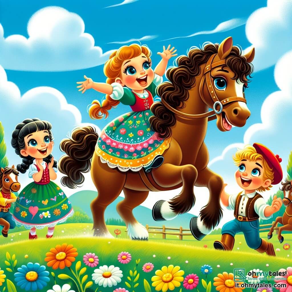 Una bambina di 2 anni, con grandi occhi luminosi e capelli ricci castani, è seduta su un grande cavallo marrone. Sorride con meraviglia, con le guance rosate e le braccia alzate in segno di gioia. Accanto a lei, un bambino di 5 anni, con capelli biondi e un cappellino rosso, applaude entusiasta, in piedi sul terreno, con gli occhi fissi su di lei. Un'altra bambina, di 4 anni con trecce nere e un vestito a fiori, tiene la longe del cavallo, sorridendo e incoraggiando Anna. La scena si svolge in un ampio campo verde, punteggiato di fiori colorati, sotto un cielo blu brillante con alcune nuvole bianche e soffici. In lontananza, si vedono altri cavalli che saltellano gioiosamente. La situazione principale mostra Anna che, piena di coraggio, inizia a galoppare sul cavallo, ridendo di gioia, mentre i suoi amici la incoraggiano con grida di felicità.