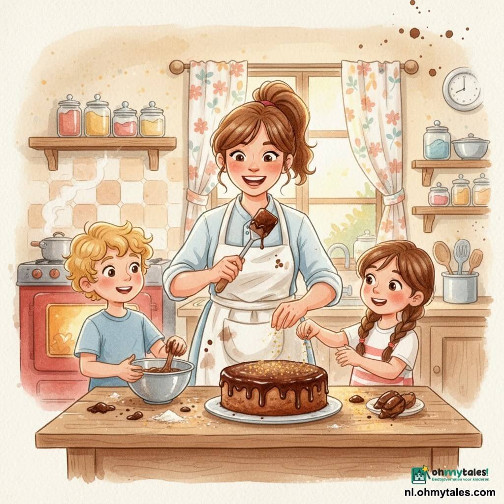 De hoofdpersoon is een vrouwelijke chef van ongeveer 35 jaar met kastanjebruin haar in een paardenstaart, een warme glimlach, een wit schort met bloemenvlekken en een spatel met chocolade; links staat Max (8) met blonde krullen en plakkerige handen die beslag in een metalen kom mixt, rechts Sophie (8) met bruin gevlochten haar die eetbare gouden glitters over een grote chocoladetaart strooit; de kleine gezellige keuken heeft een versleten houten tafel, glazen potten met specerijen en gekleurde suikers, een oud rood fornuis dat zacht rookt en zonnestralen door een bloemengordijn; de scène richt zich op het taartdecor: glanzende glazuur, fonkelende gouden glitters, bloem- en chocoladevlekken en een gemoedelijke, enthousiaste sfeer.