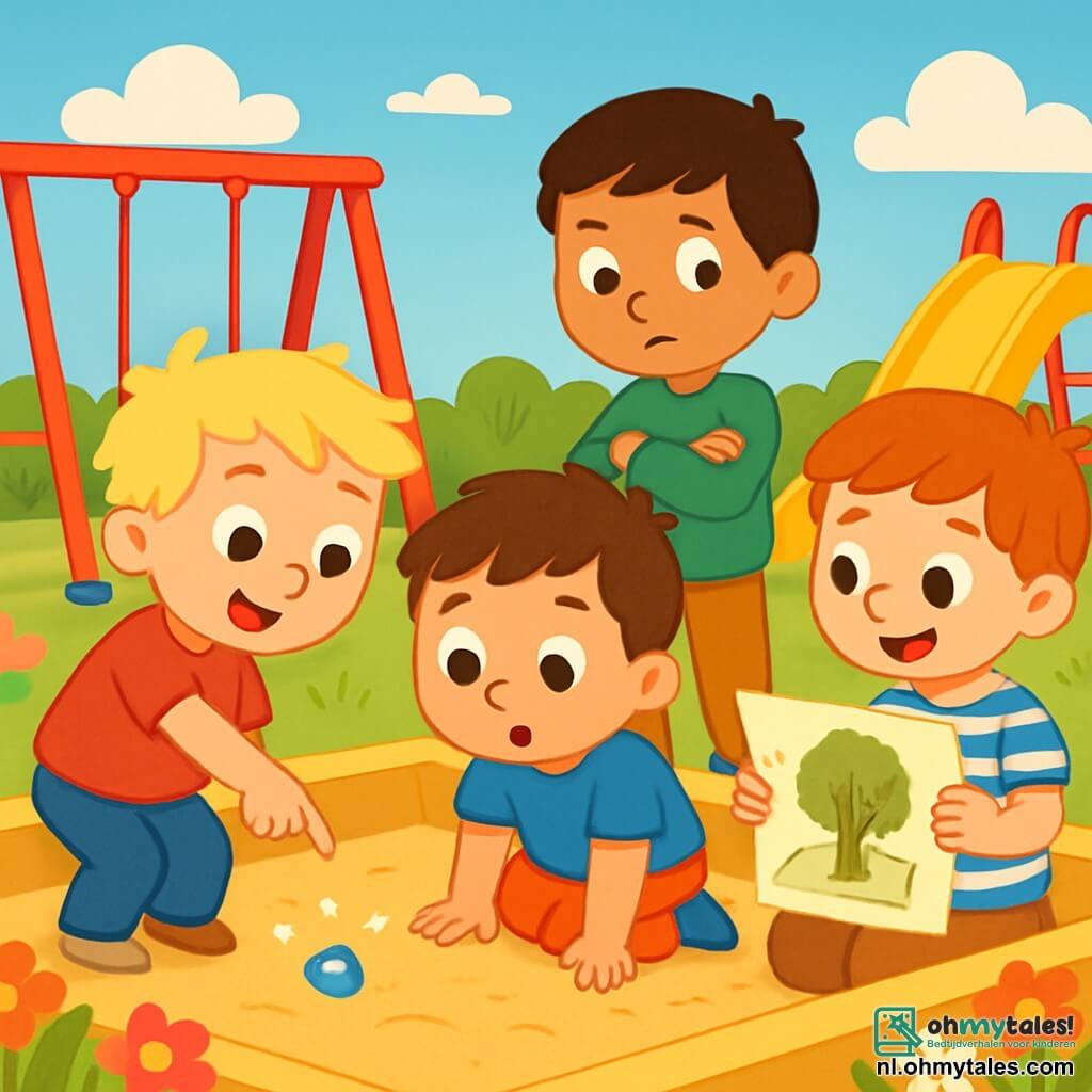 Er zijn 4 kinderen: - Bram: een 3-jarig jongetje met rommelig blond haar en een rood t-shirt. Hij wijst naar het glinsterende steentje in de zandbak. - Sam: een 3-jarig jongetje met bruin haar en een blauwe short. Hij zit op de grond bij de zandbak, met grote nieuwsgierige ogen. - Daan: een 3-jarig jongetje met zwart haar en een groene trui. Hij staat met zijn armen gekruist en kijkt naar de tekening op het papier. - Joep: een 3-jarig jongetje met rood haar en een gestreept t-shirt. Hij zit op de rand van de zandbak en houdt het papier met de kaart vast. De locatie is een vrolijke schoolplein, vol felle kleuren: rode schommels, een gele glijbaan en een gouden zandbak, omringd door kleurrijke bloemen. De lucht is blauw met enkele pluizige witte wolken. De situatie toont de kinderen die een mysterieus steentje ontdekken met een tekening van een grote boom en een pijl, wat hen nieuwsgierig en opgewonden maakt, klaar om hun onderzoek te doen.