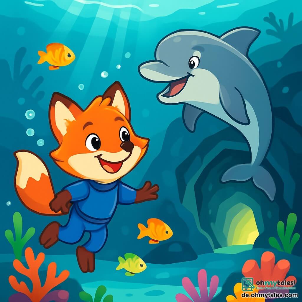 Ein kleiner Fuchs namens Finn mit glänzendem rotem Fell und neugierigen Augen schwimmt fröhlich unter Wasser, ein großes Lächeln auf seinem Gesicht. Er trägt einen blauen Taucheranzug, der im Kontrast zu den lebhaften Farben seines Fells steht. Neben ihm macht ein schelmischer Delfin mit silbernen Flanken und schelmischen Augen Purzelbäume im Wasser und zeigt ansteckende Freude. Er scheint Finn einzuladen, ihm auf ein Unterwasserabenteuer zu folgen. Die Kulisse ist eine bezaubernde Unterwasserwelt, gefüllt mit bunten Korallen, tropischen Fischen mit schimmernden Schuppen und Lichtstrahlen, die durch die Wasseroberfläche filtern und eine magische Atmosphäre schaffen. Die Szene zeigt Finn und den Delfin, die sich einer geheimnisvollen Unterwasserhöhle nähern, in der ein silberner Schimmer funkelt und die Aufregung und Neugier der beiden Freunde weckt.