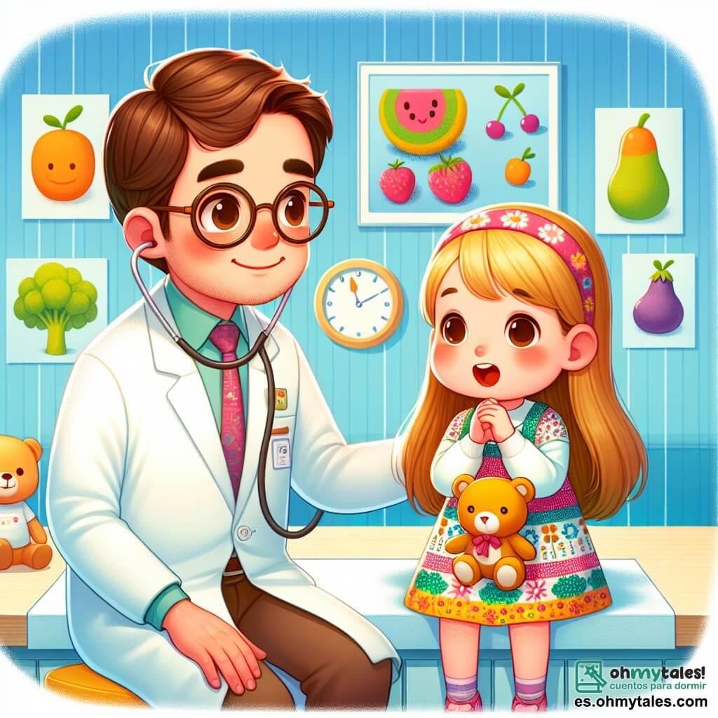 El doctor Juan es un hombre sonriente de unos treinta años, que lleva una bata blanca impecable. Tiene el cabello castaño y gafas redondas, y escucha atentamente a una niña pequeña con una expresión benevolente. Ana, una niña de seis años, tiene el cabello largo y rubio y lleva un vestido colorido con motivos de flores. Sostiene un osito de peluche en sus brazos y mira al doctor con ojos llenos de esperanza. La escena se desarrolla en un consultorio médico luminoso, con paredes pintadas de azul pastel y carteles de frutas y verduras en las paredes. Hay un pequeño escritorio con juguetes y libros para niños, y una ventana que deja entrar la luz del sol. El doctor Juan examina a Ana, que sonríe levemente a pesar de su tos. Utiliza un estetoscopio para escuchar su corazón, mientras Ana abre la boca para mostrar su garganta. La atmósfera es cálida y reconfortante, con colores vivos y detalles alegres.