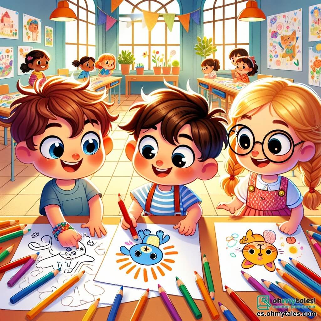 Un niño de 4 años llamado Pablo, con el cabello castaño desordenado y ojos brillantes de alegría, está en el centro de la escena, sonriendo mientras dibuja en un gran papel blanco. Lleva una camiseta azul y un short rojo, rodeado de crayones esparcidos a su alrededor. A su derecha, Lucía, una niña de 4 años con largas trenzas rubias y un vestido rosa, mira asombrada el dibujo que acaba de hacer, un bonito perro azul. A su izquierda, Tomás, un niño de 4 años con cabello castaño y gafas redondas, se inclina sobre su dibujo de un gato amarillo, sonriendo y orgulloso de su trabajo. La escena tiene lugar en un aula luminosa, con paredes decoradas con dibujos de niños, ventanas que dejan entrar la luz del sol y mesas de madera donde otros niños trabajan. Pablo, Lucía y Tomás colaboran alegremente para crear un mural colorido sobre animales, intercambiando crayones y riendo juntos, ilustrando el espíritu de equipo y la creatividad en su clase.
