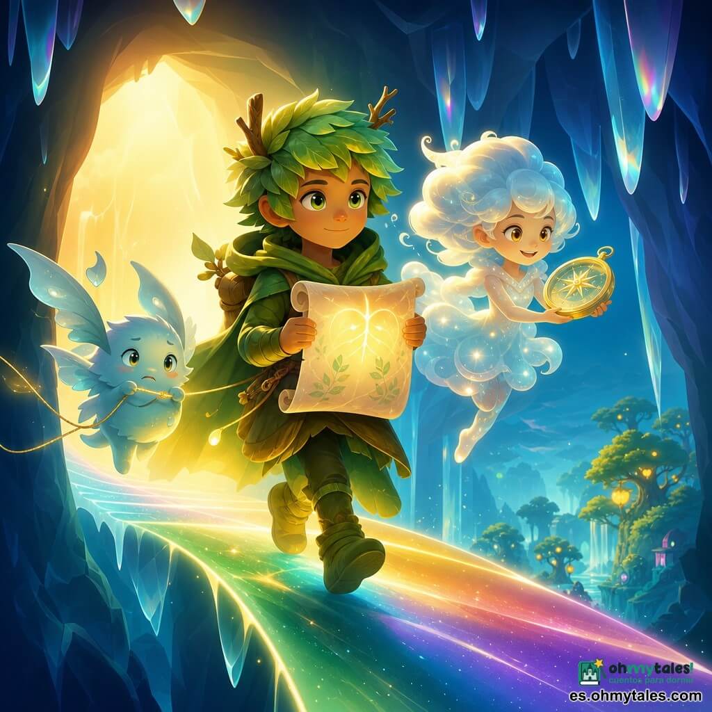 Lirio, joven bosque con pequeñas astas de madera y cabello con hojas verde tierno, rostro sereno, mira adelante y sostiene un pergamino que respira como un pequeño pulmón luminoso; Nube, niña-nube luminosa de piel centelleante como luciérnaga, sonriente y traviesa, está a la derecha sosteniendo una brújula transparente que brilla dorada; Pluma, diminuta criatura de alas de papel húmedo, ansiosa pero agradecida, vuela cerca del suelo a la izquierda ofreciendo un hilo dorado brillante entre sus patas; el lugar es un puente de luz suspendido en una cavidad cristalina de paredes negro-azul con estalactitas translúcidas y reflejos arcoíris, y al fondo una valle oculta con árboles de frutos luminosos; la escena muestra a los tres cruzando un puente hecho de aurora cuyos pasos hacen surgir notas de color, con una grieta del mundo abriéndose en un halo cálido detrás de ellos, atmósfera de aventura suave y mágica, paleta de verdes musgo, azules profundos y oros cálidos, texturas lisas y luminosas.