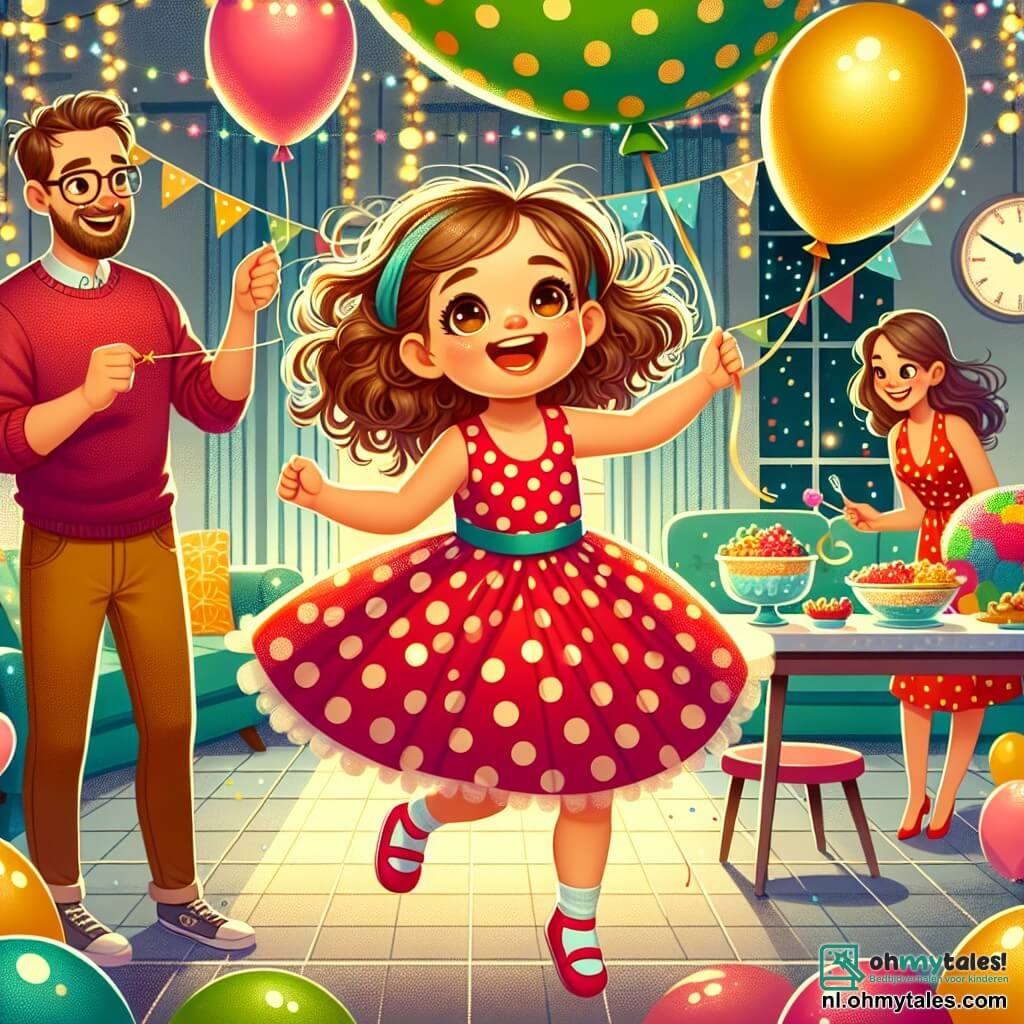 Een 3-jarig meisje met grote, glanzende ogen en krullend kastanjebruin haar glimlacht enthousiast terwijl ze een grote, kleurrijke ballon vasthoudt. Ze draagt een rode jurk met witte stippen die om haar heen danst terwijl ze van blijdschap springt. Naast haar staat haar vader, een man van rond de dertig met een lichte baard en een bril, die ballonnen opblaast. Hij kijkt trots naar zijn dochter en houdt een felgroene ballon vast. In de hoek bereidt haar moeder, een vrouw van ongeveer 28 jaar met lang, steil haar, hapjes voor op een tafel versierd met glinsterende slingers. Ze kijkt haar dochter met genegenheid aan, met een warme glimlach op haar gezicht. De scène speelt zich af in een feestelijke woonkamer, gevuld met Nieuwjaarsdecoraties: kleurrijke ballonnen zweven aan het plafond, gouden slingers schitteren aan de muren en een grote klok geeft aan dat het aftellen bijna begint. De hoofdactie toont het blije meisje dat betrokken is bij de feestvoorbereidingen, omringd door haar familie terwijl ze samen met liefde en geluk het Nieuwjaar vieren.
