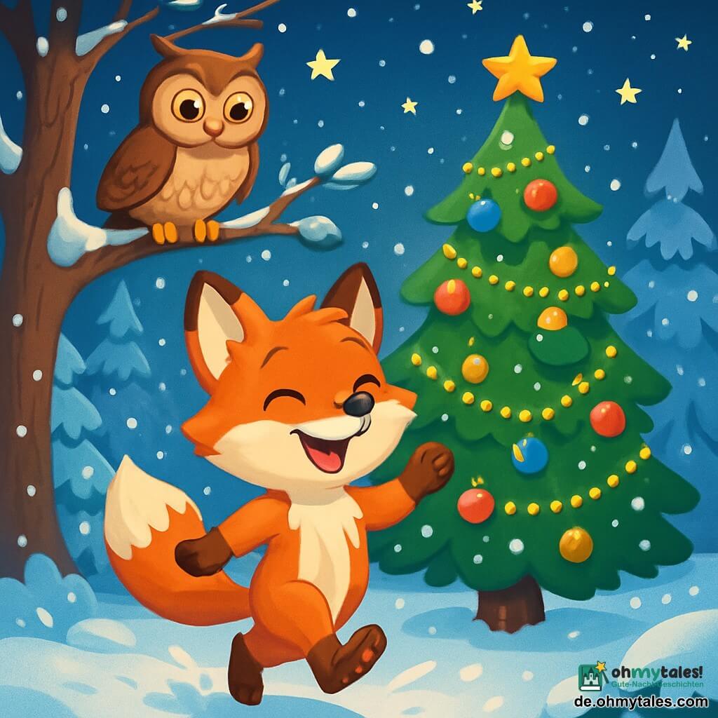 Ein kleiner roter Fuchs namens Finn, mit glänzendem Fell und strahlenden Augen, tanzt fröhlich im Schnee, seine Pfoten elegant in die Luft hebend. Er hat ein strahlendes Lächeln auf seinem Gesicht, voller Aufregung und Glück. In der Nähe sitzt eine weise Eule mit weichem, braunem Gefieder auf einem Ast und beobachtet Finn mit einem wohlwollenden und stolzen Blick, ihre großen runden Augen leuchtend vor Ermutigung. Die Kulisse ist ein wunderschöner Winterwald, in dem die Bäume mit einer dicken Schicht funkelnden Schnees bedeckt sind, und Sterne am klaren Nachthimmel leuchten und die Szene in sanftem silbernen Licht erhellen. Die Hauptsituation zeigt Finn, der mit seinen tierischen Freunden Weihnachten feiert, fröhlich um einen großen, mit Lichtern und bunten Kugeln geschmückten Weihnachtsbaum tanzt, während zarte Schneeflocken um sie herum fallen und eine magische und festliche Atmosphäre schaffen.