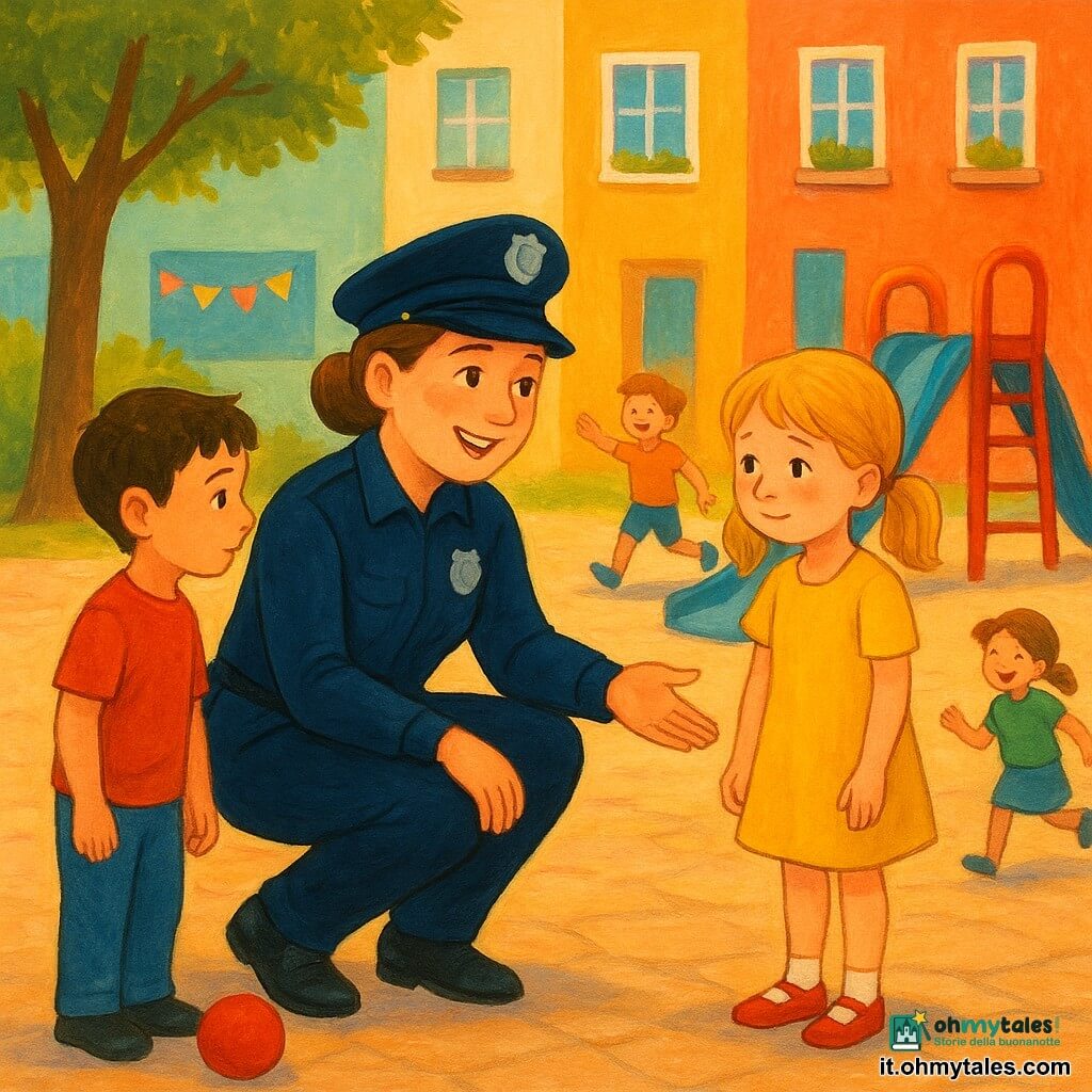 Una poliziotta, Giulia, sorridente e benevola, volto rotondo e capelli castani raccolti in chignon, in uniforme blu scuro, accovacciata per parlare con una bambina timida, porge la mano con dolcezza; la bambina, Sara, circa 7 anni, capelli biondi a coppine, in un vestito giallo, accetta l'invito; accanto a Giulia, a sinistra, c'è un bambino di circa 8 anni, Luca, capelli castani corti, con una piccola palla rossa ai piedi che osserva la scena; altri due bambini giocano sullo sfondo vicino a uno scivolo colorato; la scena si svolge in un cortile di scuola lastricato, circondato da facciate dai colori vivaci e piante in vaso, con un grande albero a sinistra; atmosfera accogliente e calda di tardo pomeriggio, resa in stile gouache con texture visibili e contorni morbidi.