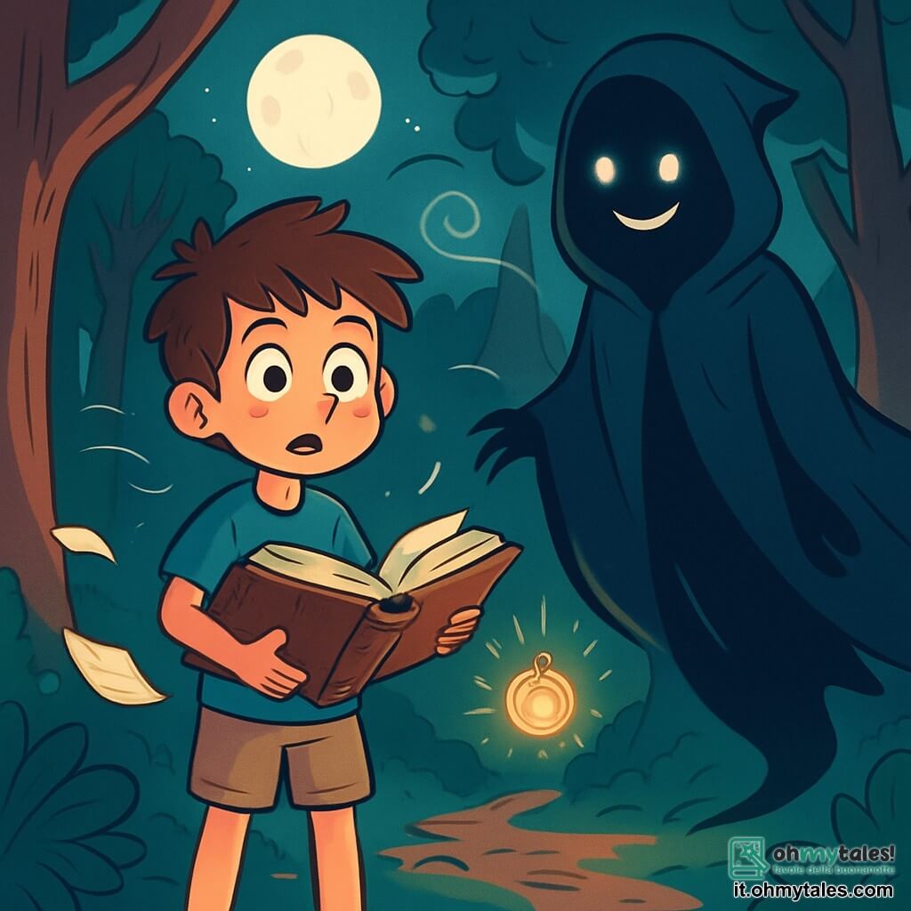Un ragazzo di 10 anni, di nome Luca, con capelli castani arruffati e grandi occhi curiosi, si trova al centro dell'immagine, il viso illuminato da un'espressione di meraviglia e apprensione. Indossa una maglietta blu e pantaloni corti beige, tenendo un vecchio libro polveroso aperto davanti a sé, mentre un leggero vento fa volare alcune pagine. Accanto a lui, il Custode dei Sussurri, una figura misteriosa ed eterea, è avvolto in un lungo mantello nero, con un volto sfocato e occhi scintillanti come stelle. Fluttua leggermente sopra il suolo, osservando Luca con un sorriso enigmatico. La scena si svolge in una foresta fitta, dove alberi maestosi si ergono verso il cielo notturno. La luna illumina la scena con una luce argentata, creando ombre danzanti sul terreno coperto di foglie. Sussurri misteriosi sembrano fluttuare nell'aria, aggiungendo un'atmosfera magica e leggermente inquietante. Luca, affascinato e un po' spaventato, scopre il potere del libro antico, mentre il Custode dei Sussurri gli mostra la strada verso un amuleto brillante, nascosto nel cuore della foresta.