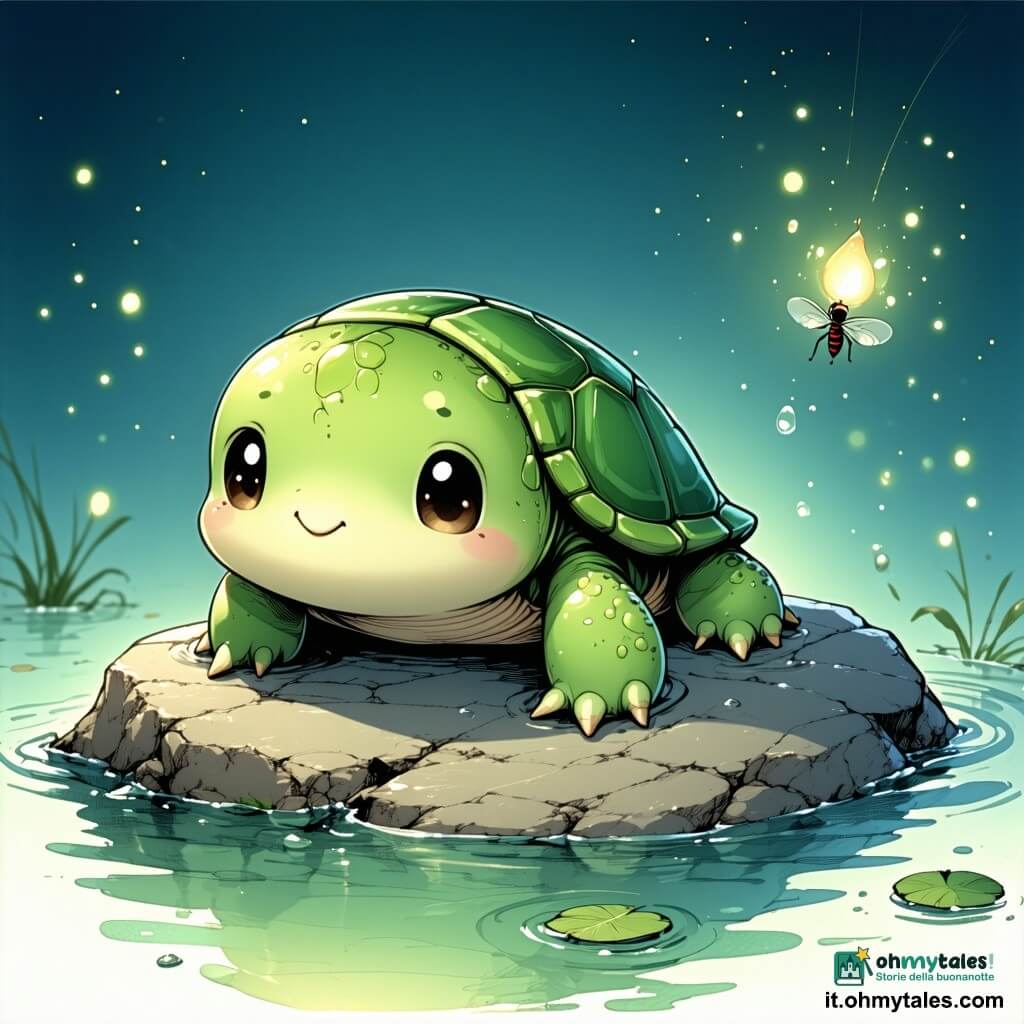 Il protagonista è una piccola tartaruga verde e rotonda di nome Lillo, occhi dolci e palpebre pesanti, carapace caldo come una coperta di lana, che galleggia calma a metà sull'acqua su una pietra piatta; accanto siede Rina, una piccola rana dal corpo verde chiaro e guance rosa, sorriso sereno, pronta a condividere il bagno senza schizzi. Una minuscola lucciola sospesa illumina la scena con una luce gialla morbida. Il luogo è un piccolo lago da giardino al crepuscolo, acqua liscia come vetro, rive di sottili canneti e riflessi argentati della luna in tinte pastello; Lillo fa un "bagno del silenzio" con respiri lenti visibili in piccole onde tonde e gocce perlate sul carapace, atmosfera pacifica, luce tenue e ombre delicate.