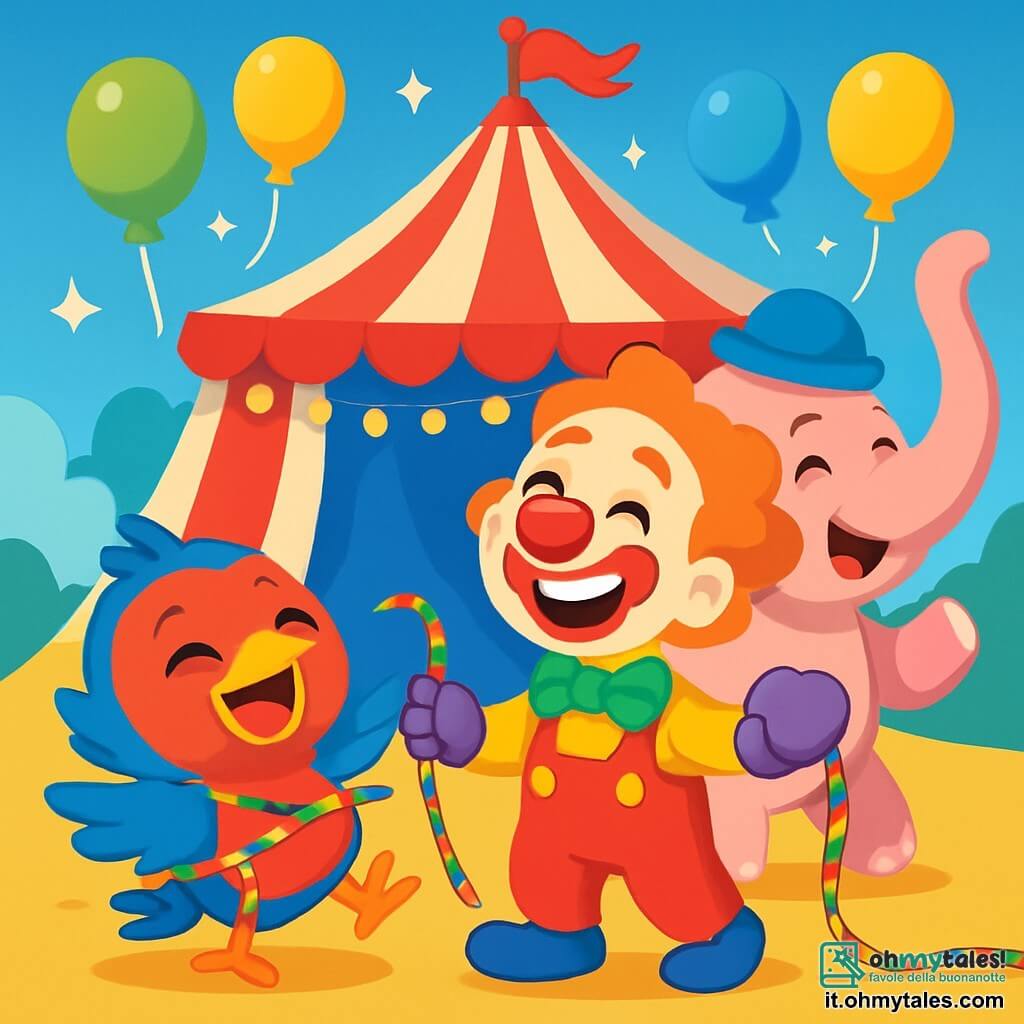Un uccellino dalle piume rosse e blu, Piumino, sta ridendo a crepapelle, con occhi scintillanti di gioia, mentre si dibatte in una corda colorata che lo circonda. Accanto a lui, Pomodoro, un clown malizioso con un grande naso rosso e un sorriso splendente, fa una smorfia divertente, tenendo una corda con una mano e ridendo di cuore. Stella, un'elefantessa rosa con un bel cappello blu, si trova sullo sfondo, sorridente e pronta ad aiutare, con la proboscide sollevata in aria. Lo scenario è un circo vibrante, con un grande tendone a strisce rosse e bianche, palloncini colorati che fluttuano nel cielo blu e luci scintillanti che illuminano la scena. La situazione principale mostra Piumino, Pomodoro e Stella che ridono insieme, creando un'atmosfera gioiosa e magica sotto il tendone del circo.