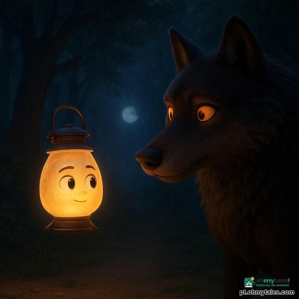 Uma pequena lamparina chamada Luzia, com um vidro translúcido e uma luz suave e dourada, flutua no ar com uma expressão determinada e benevolente. Ao lado dela, um grande lobo com olhos brilhantes como brasas, de pelagem escura e espessa, permanece imóvel, com um ar intrigado e respeitoso. Ao fundo, uma floresta densa e misteriosa, com árvores de troncos nodosos e folhas que sussurram sob a luz da lua. A cena ocorre em uma clareira iluminada pelo suave brilho de Luzia, criando uma atmosfera mágica e tranquilizante onde a luz e a sombra dançam juntas.