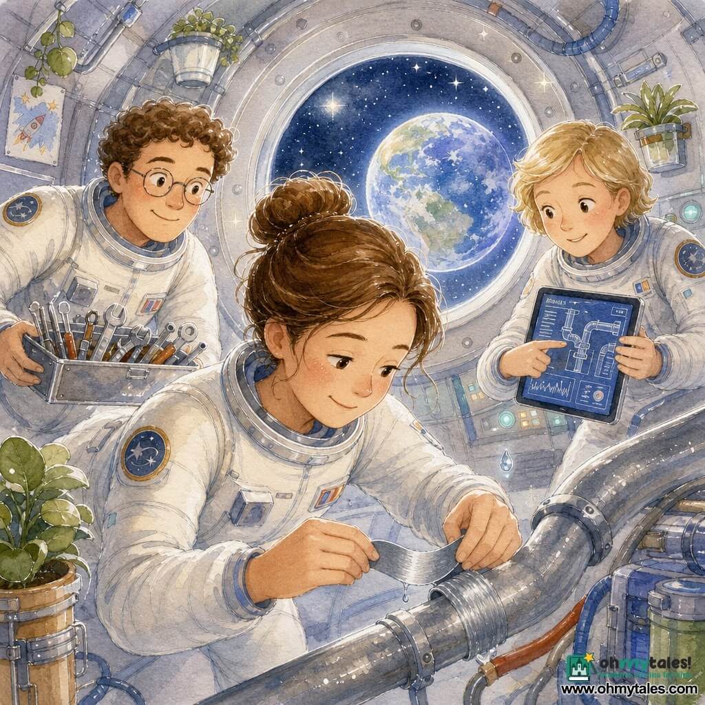 Main character: an adult woman with brown hair in a bun, round smiling face and focused serene eyes, wearing a fitted white spacesuit, delicately repairing a leaking pipe with a piece of silver duct tape; emotion calm, caring, determined, slightly bent posture, precise slow hands. Secondary 1: an adult man (~30) with curly hair and thin glasses floating behind her holding a tray of shiny metal tools, smiling encouragingly. Secondary 2: an adult woman (~28) with short blonde hair holding a tablet showing schematics and pointing at a line, standing right of the protagonist near a lit panel. Location: interior of a compact space module with rounded grey-paneled walls, visible screws, twisted cables, potted plants strapped down, filters and pipes, and a round porthole showing the blue Earth. Main situation: a small water droplet floats near the repaired pipe as the woman seals it with tape; teammates assist and watch, calm warm cooperative atmosphere. Visual style: soft watercolor with visible paper texture, pastel palette (pale blue, tender green, warm grey), white gel-pen highlights on metallic reflections and stars through the porthole.